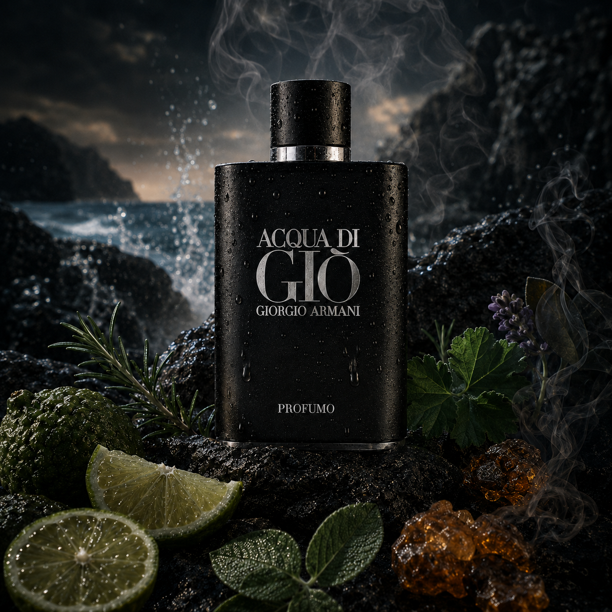 Universo olfativo de Acqua di Giò Profumo de Giorgio Armani con acordes marinos bergamota romero salvia geranio incienso y pachulí en una escena oscura elegante