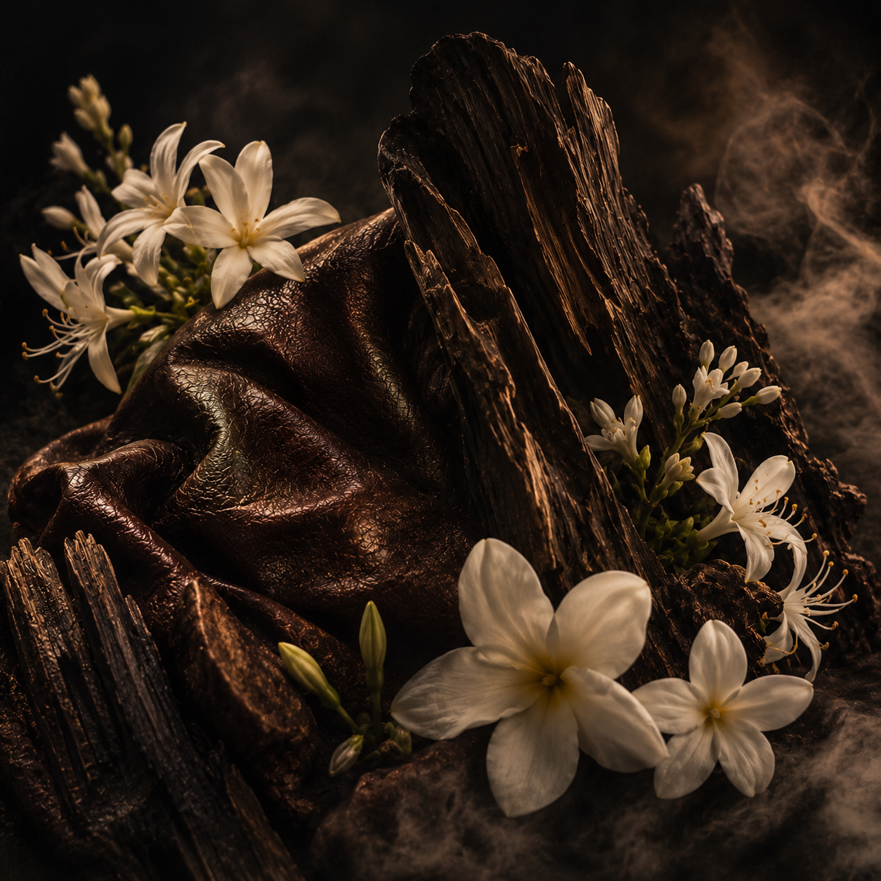 Notas olfativas de Ajmal Purely Orient Cuir con cuero, madera de oud, almizcle, madreselva, tiaré y flor de azahar