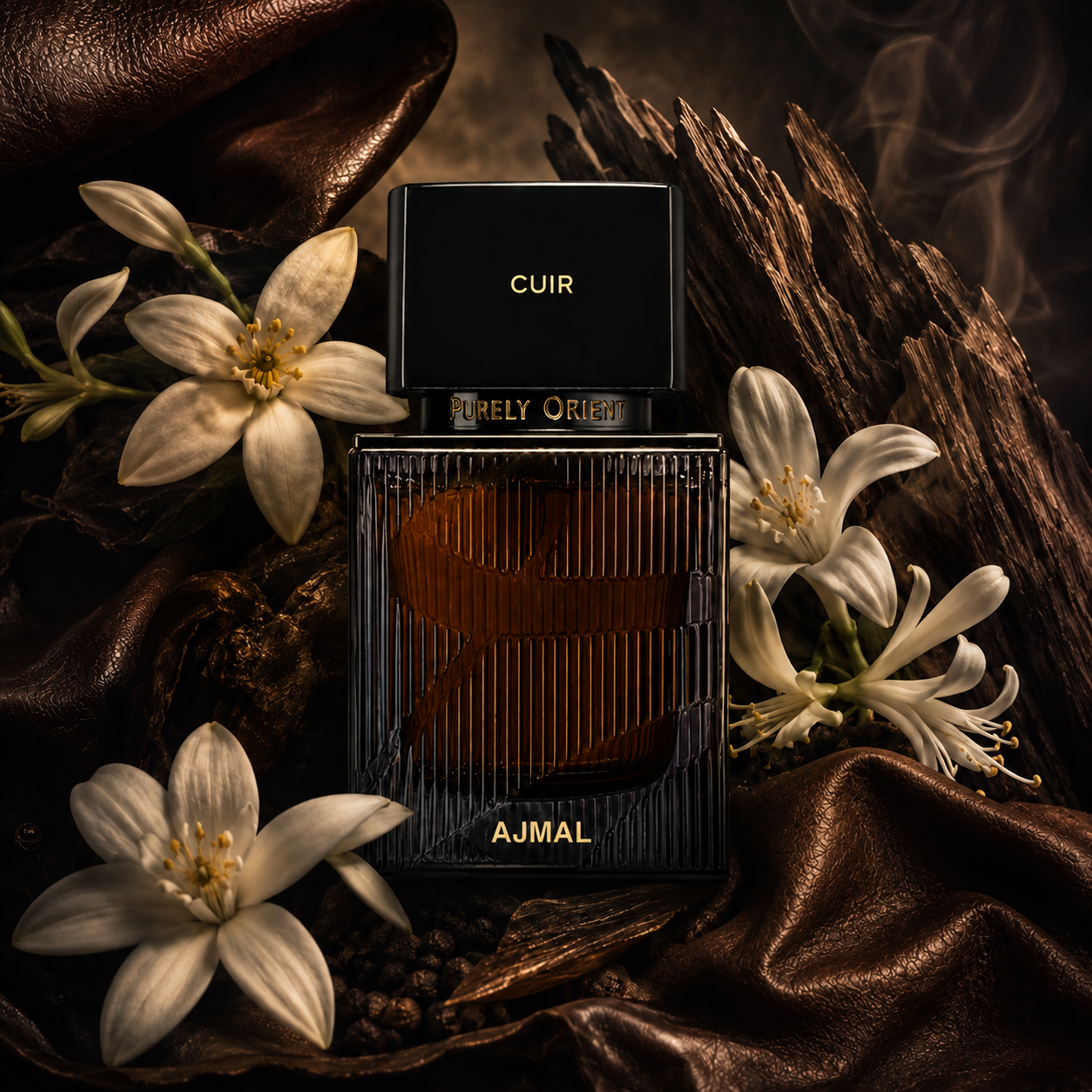 Universo olfativo de Ajmal Purely Orient Cuir con cuero, oud, almizcle, flor de tiaré, madreselva y azahar