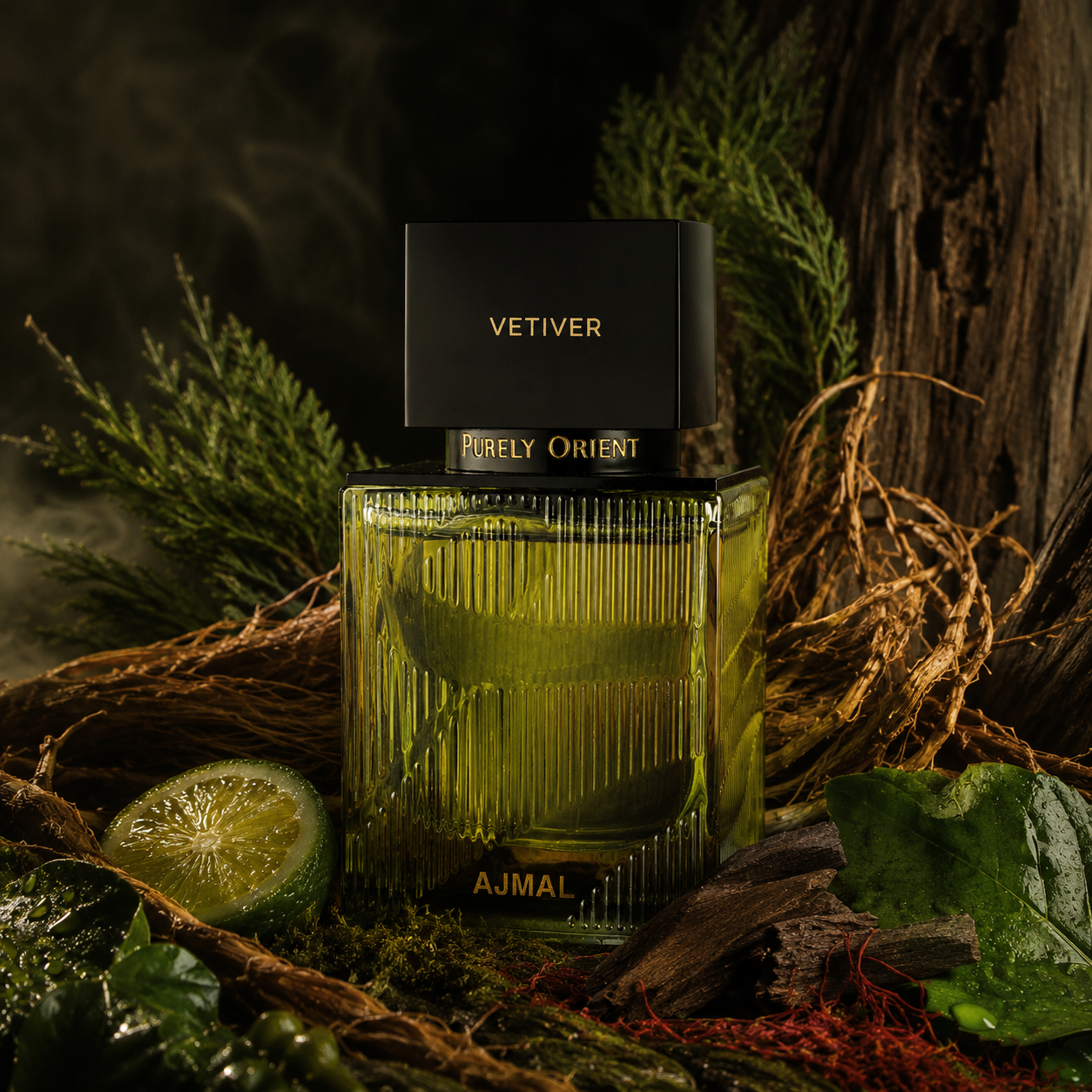 Universo olfativo de Ajmal Purely Orient Vetiver con vetiver, ciprés, pachulí, oud, sándalo y azafrán
