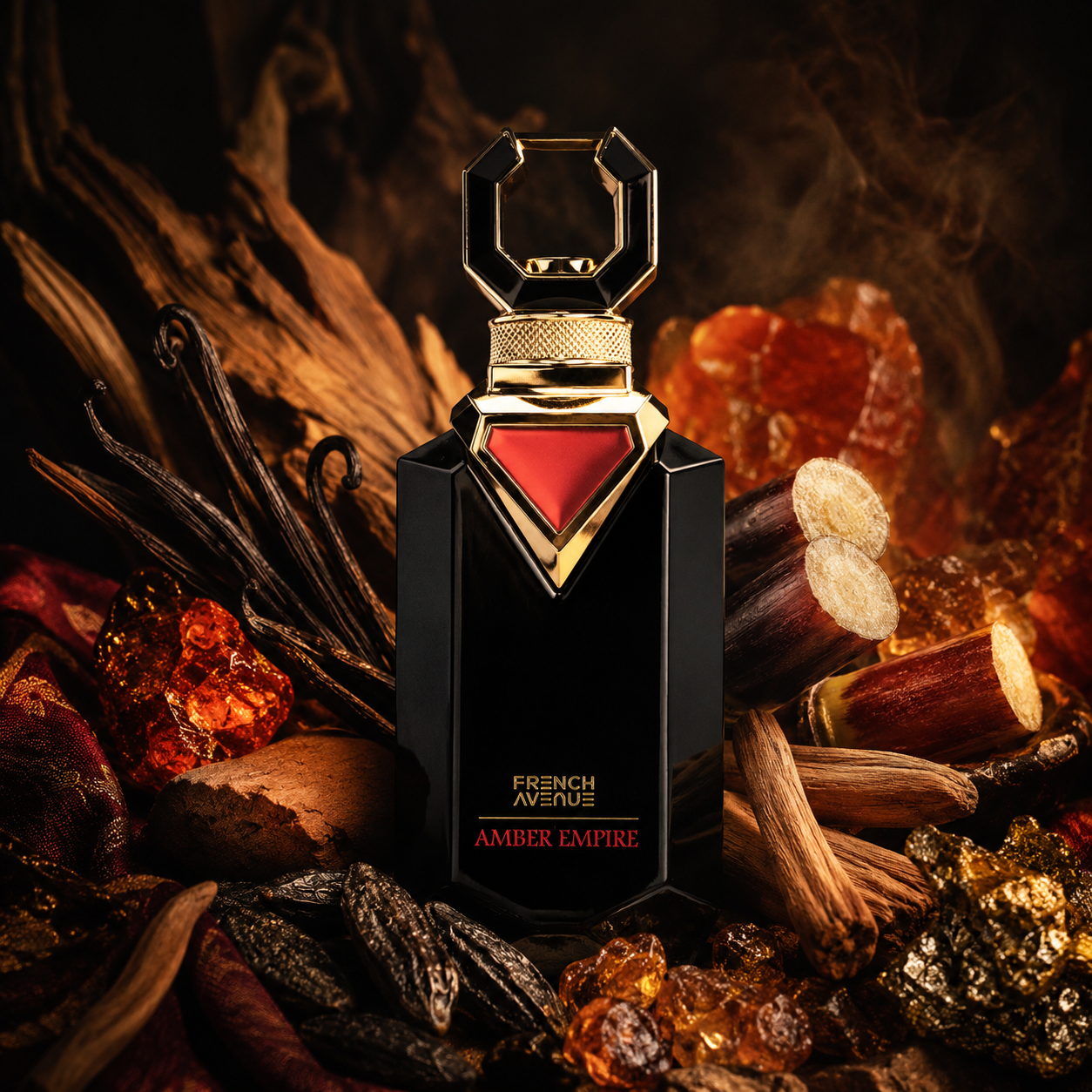 Amber Empire de French Avenue con vainilla, notas orientales, licor, ámbar, caña de azúcar, cedro, tonka, sándalo, almizcle y ládano en composición cinematográfica