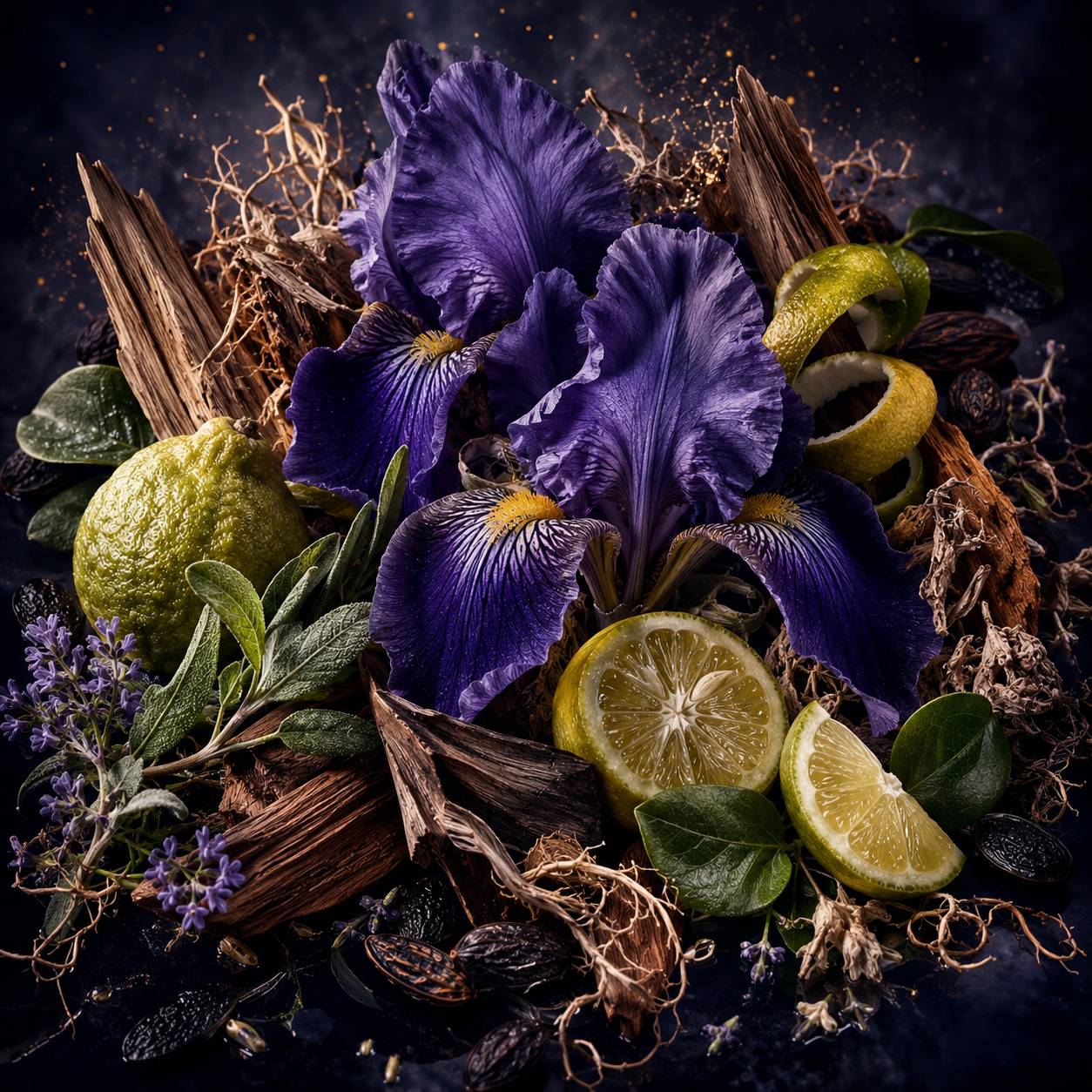 Notas olfativas de Armani Code Parfum: bergamota, hoja de bergamota, iris, aldehídos, salvia esclarea, haba tonka y cedro.