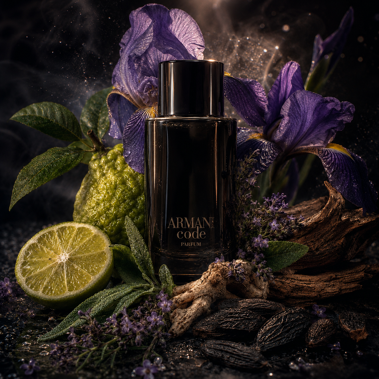 Universo olfativo de Armani Code Parfum con bergamota, iris, salvia esclarea, aldehídos, haba tonka y cedro.