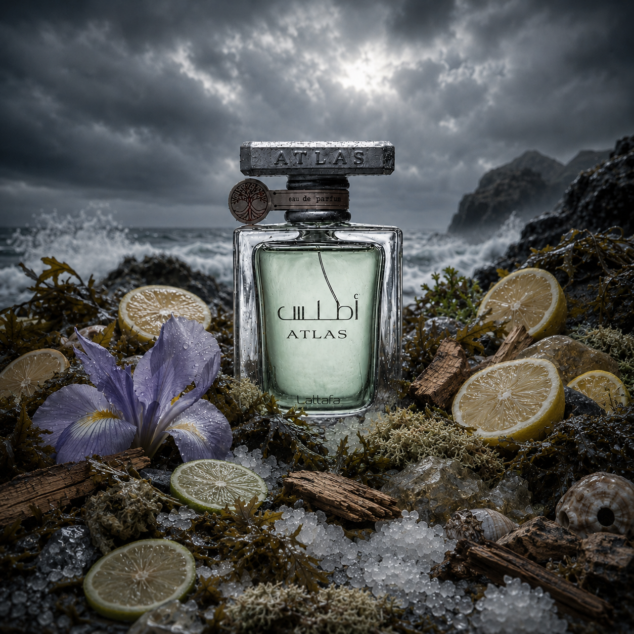Botella de Atlas de Lattafa en escena marina intensa estilo Rito Olfativo con sal, notas marinas, limón, iris, davana, ámbar gris, sándalo y musgo de roble.