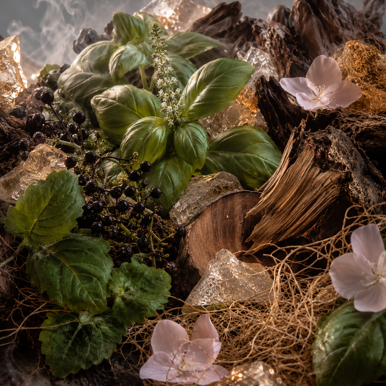 Notas olfativas de Bois Impérial de Essential Parfums con albahaca tailandesa, pimienta Timut, Akigalawood, vetiver, Georgywood, Petalia, pachulí y ambroxan.