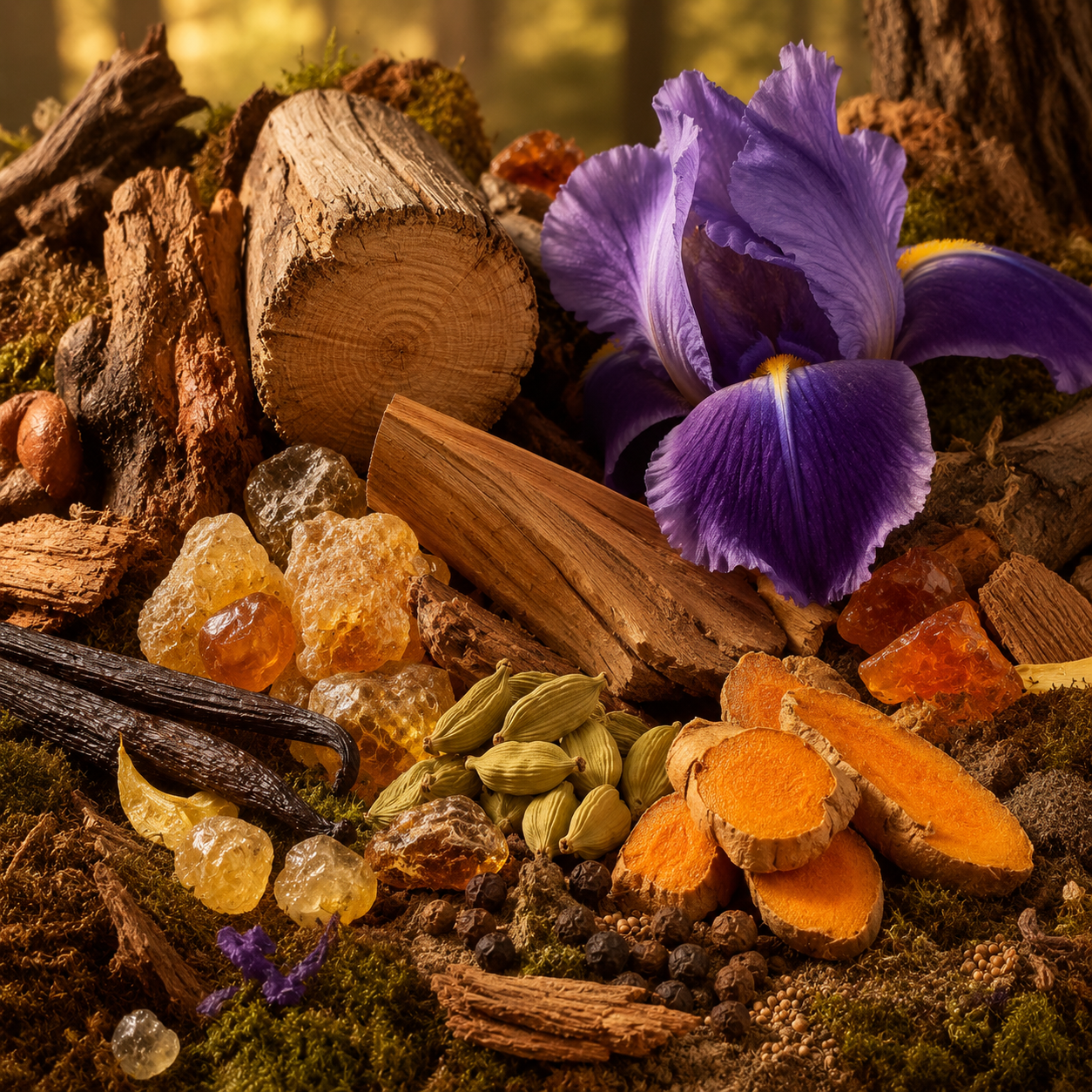Notas olfativas de Bois Pacifique de Tom Ford con cardamomo, cúrcuma, Akigalawood, olíbano, sándalo, cedro, roble, iris, ámbar y vainilla en composición amaderada especiada.