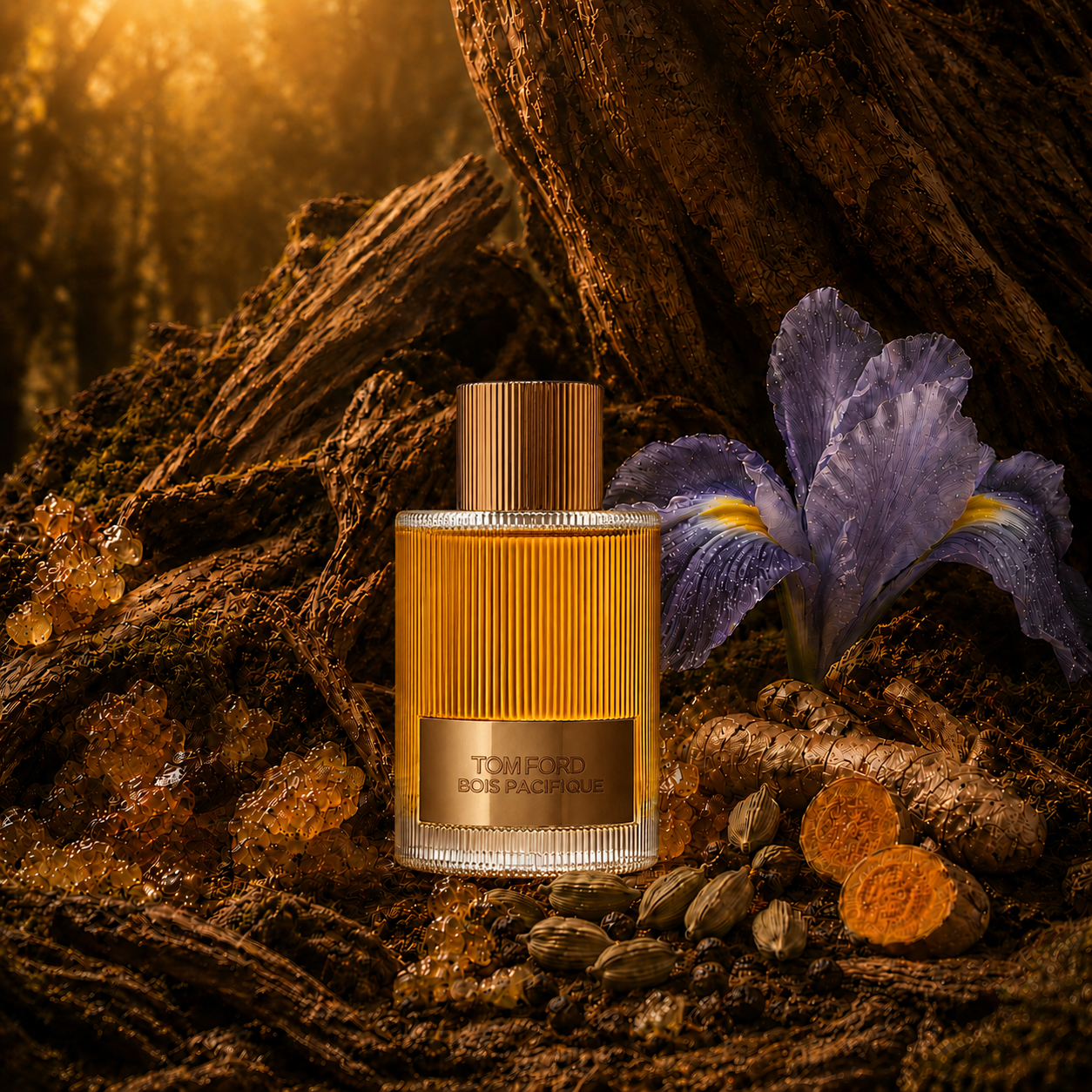 Botella de Bois Pacifique de Tom Ford en escena de bosque costero luminoso estilo Rito Olfativo con cardamomo, cúrcuma, olíbano, sándalo, cedro, roble, iris, ámbar y vainilla.
