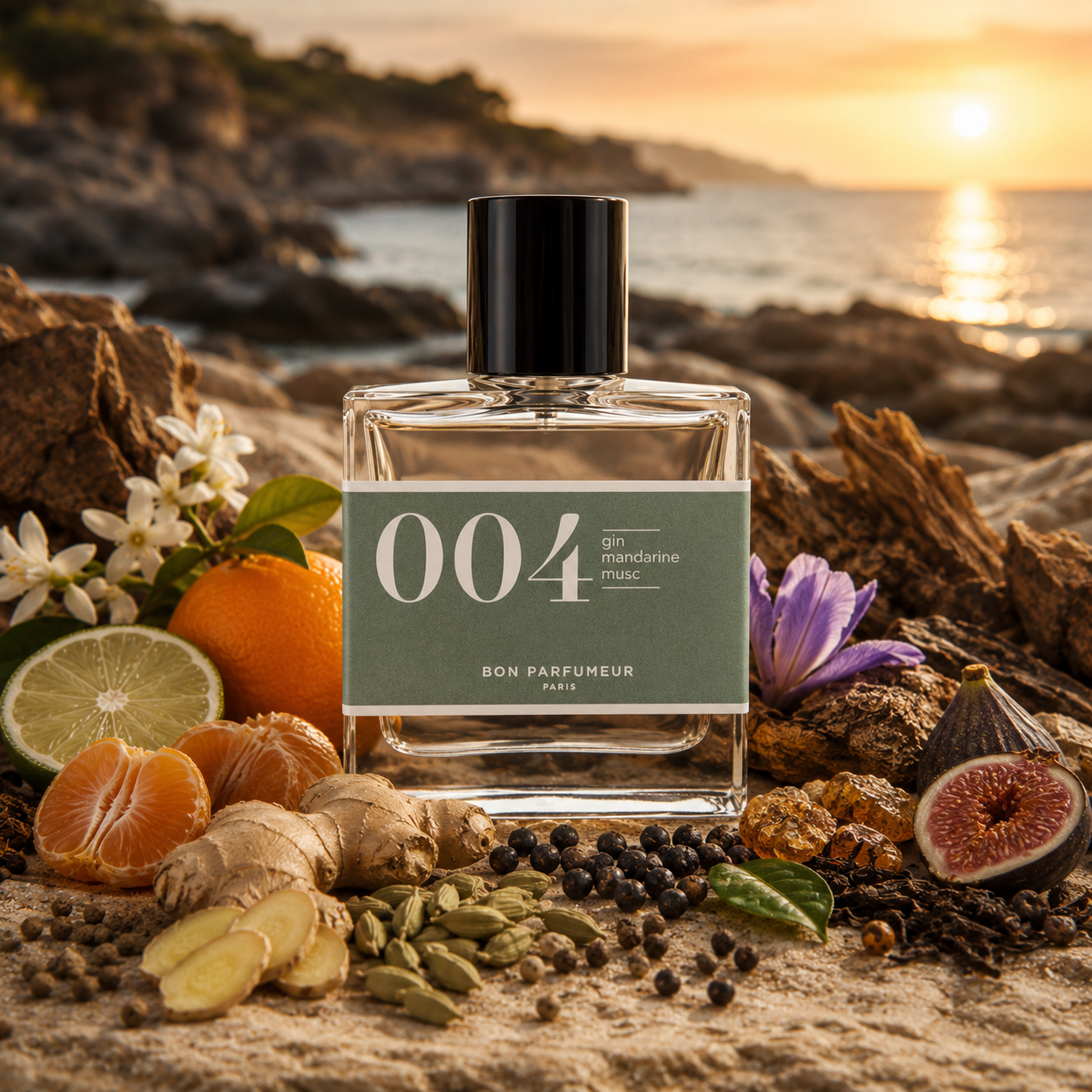 Universo del perfume Bon Parfumeur 004 Gin Mandarine Musc con botella al centro, rodeada de mandarina, limón, bergamota, enebro, jengibre, nuez moscada, tabaco, tonka, pachulí y almizcle blanco.