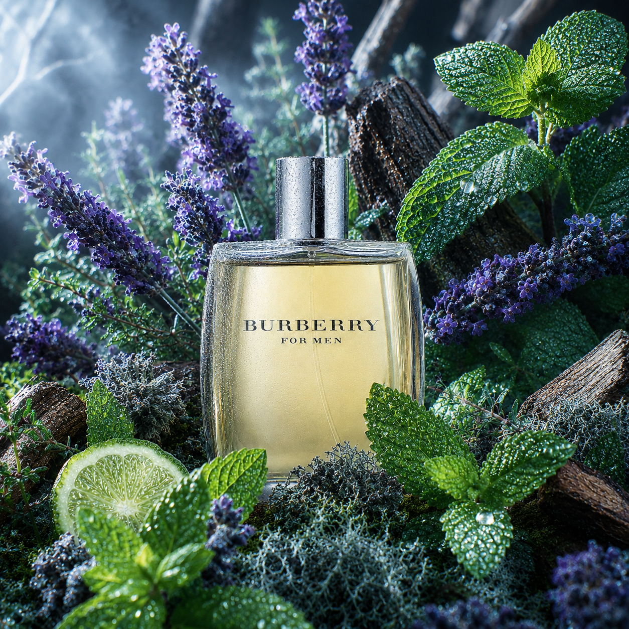 Burberry Men de Burberry con lavanda, menta, bergamota, tomillo, cedro, sándalo, musgo de roble, ámbar y vainilla