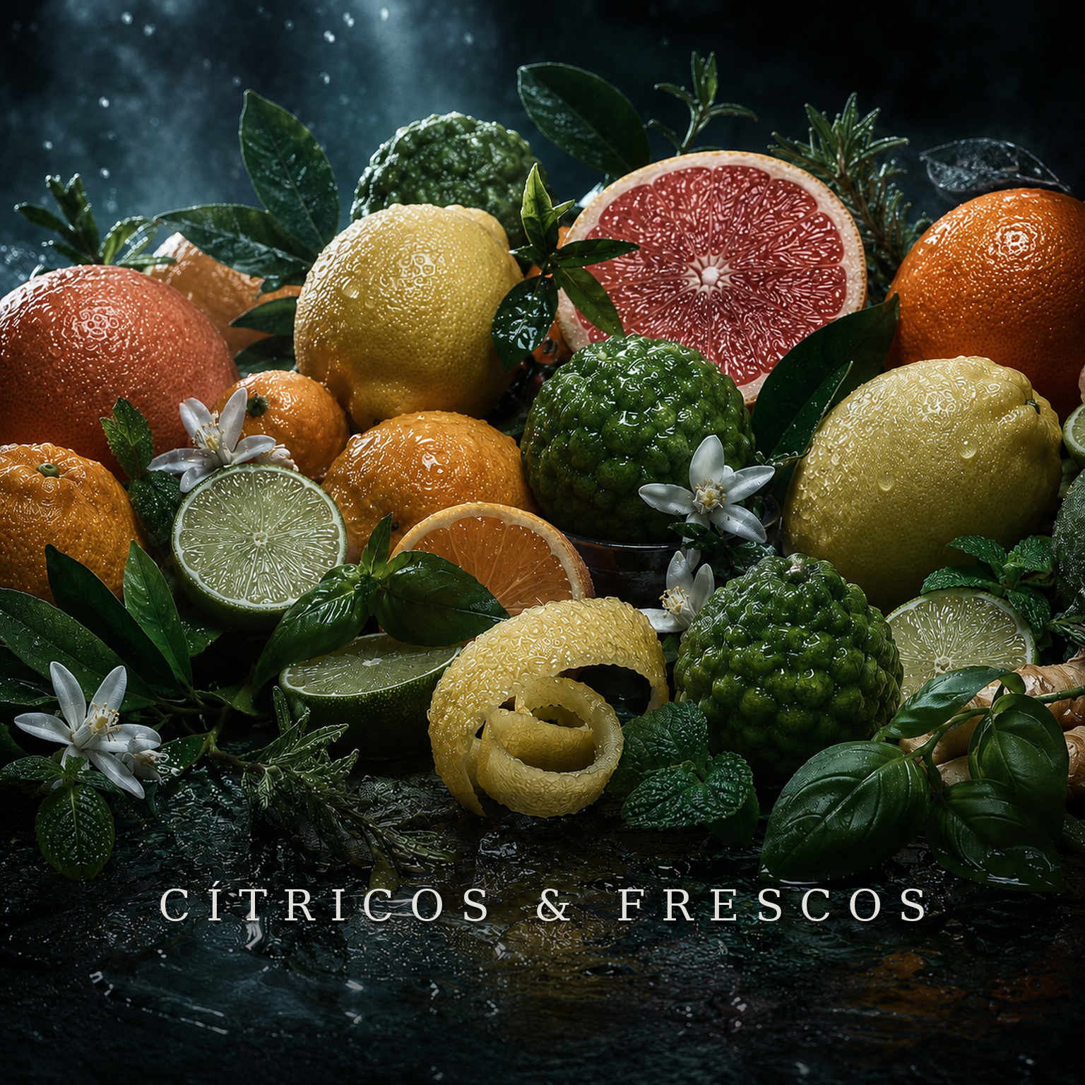 Cítricos, bergamota, limón, naranja, pomelo, hojas verdes y hierbas frescas en una escena húmeda y cinematográfica para la colección Cítricos y frescos de Rito Olfativo