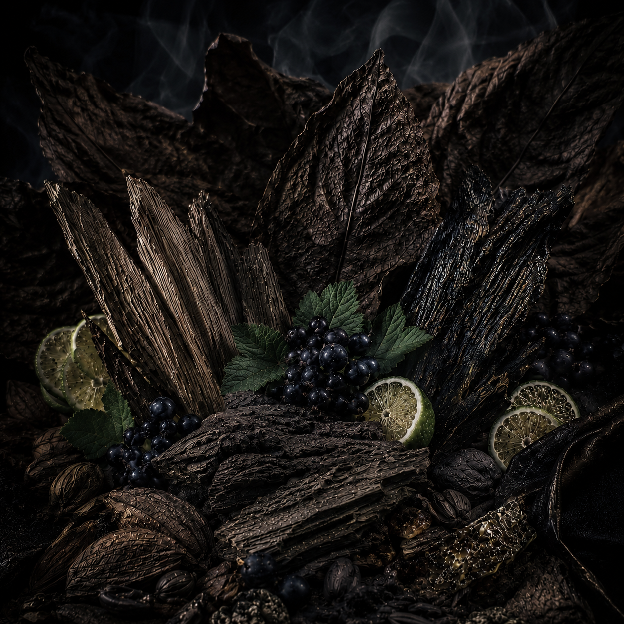 Notas olfativas de Croxatto Oud: cítricos verdes de Calabria, tabaco fermentado, cuero, oud Bangla, oud indio, grosella negra y maderas tropicales.