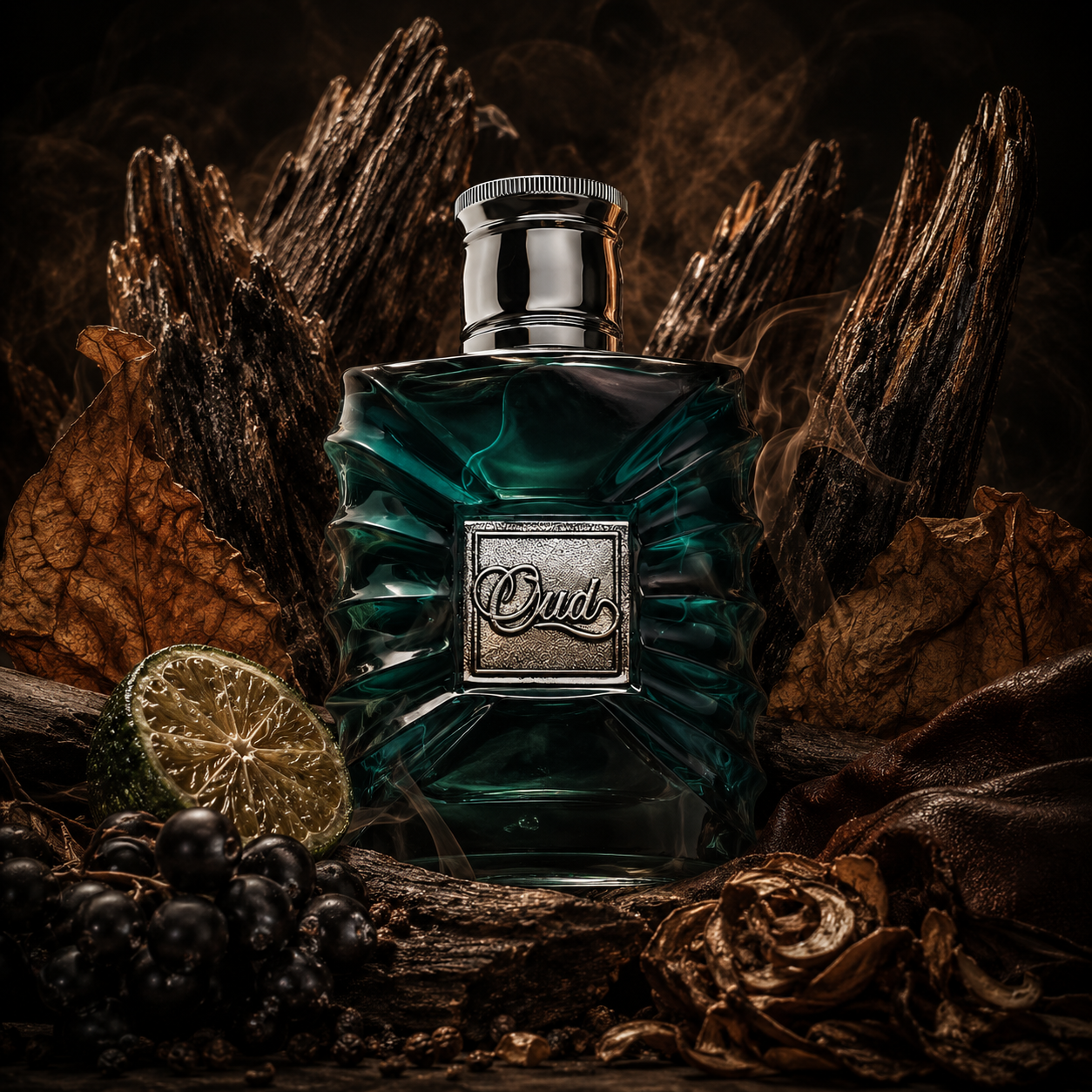 Universo olfativo de Croxatto Oud con oud Bangla, oud indio, tabaco fermentado, cuero, cítricos verdes, grosella negra, cascarilla y maderas tropicales.