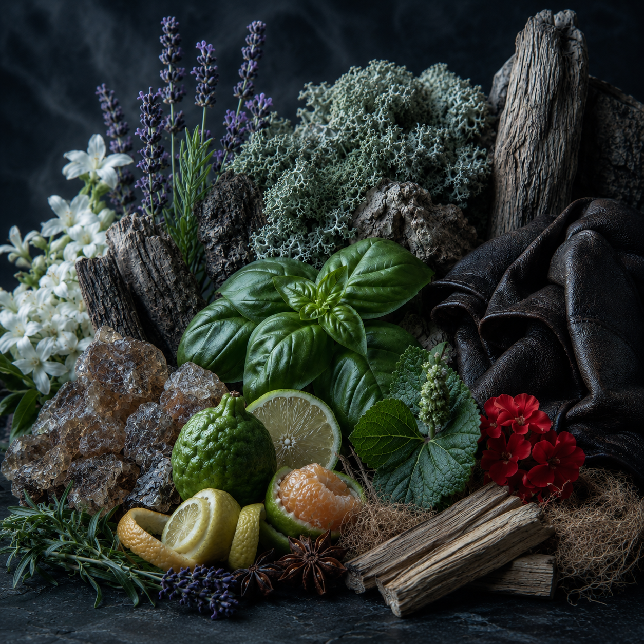 Notas olfativas de Dali pour Homme de Salvador Dalí con albahaca, bergamota, mandarina, anís, estragón, lavanda, geranio, jazmín, cedro, heliotropo, musgo de roble, cuero, pachulí, sándalo, ámbar, vainilla, almizcle y vetiver.
