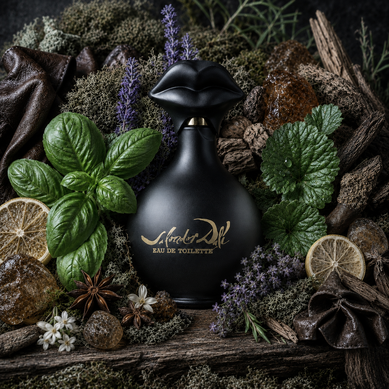 Botella de Dali pour Homme de Salvador Dalí en escena artística oscura con albahaca, cítricos, anís, lavanda, geranio, cuero, musgo, pachulí, ámbar y maderas.