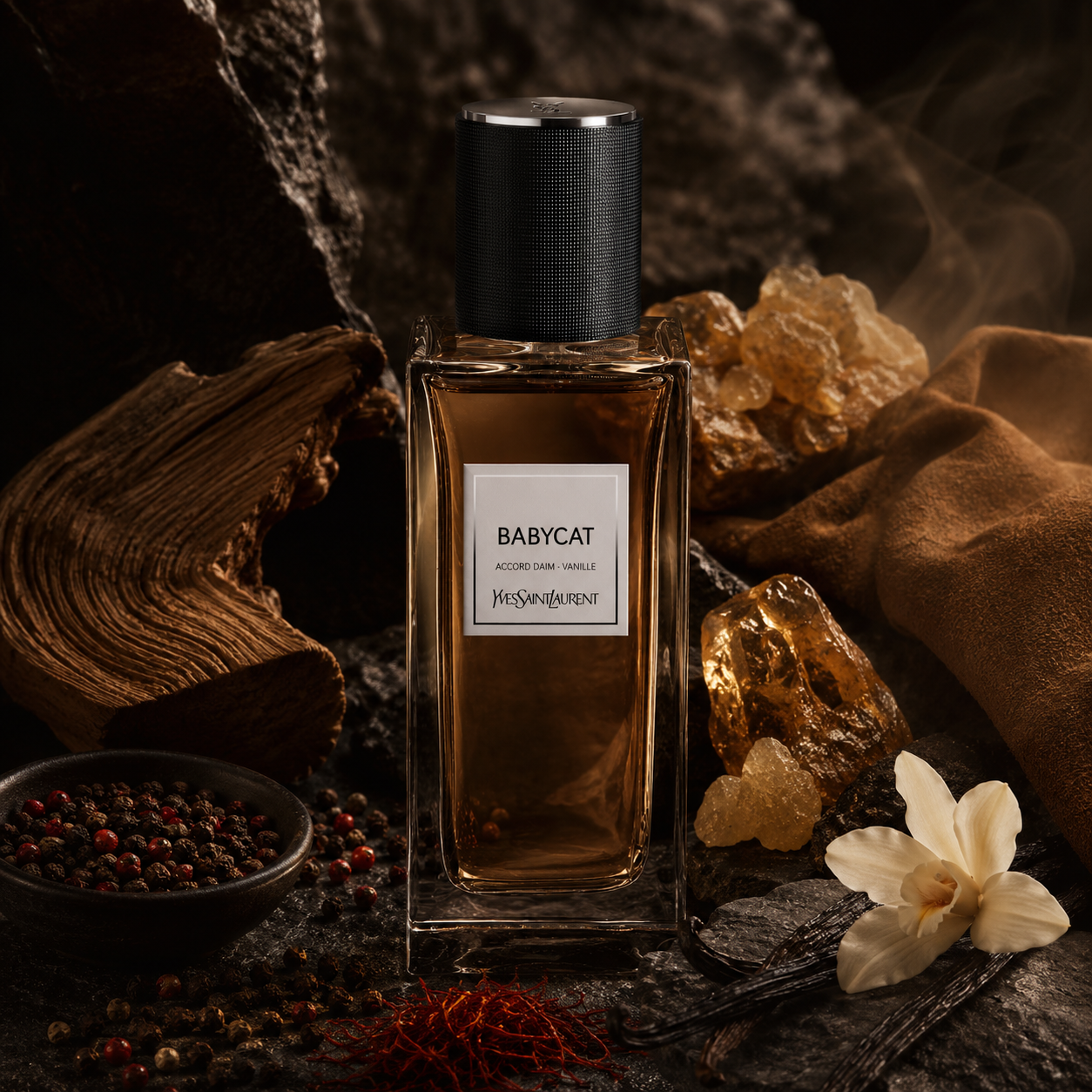 Babycat de Yves Saint Laurent, perfume nicho de tono ámbar con fondo blanco, imagen principal de producto.