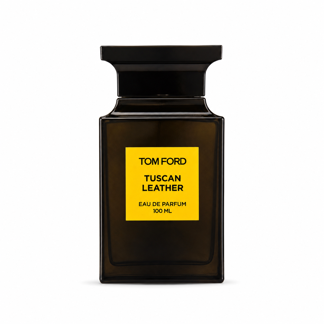 Universo del perfume Tom Ford Tuscan Leather con la botella al centro, rodeada de cuero oscuro, frambuesa, azafrán, tomillo, flores blancas, resinas, maderas e incienso en una escena cálida, oscura y elegante al estilo Rito Olfativo.