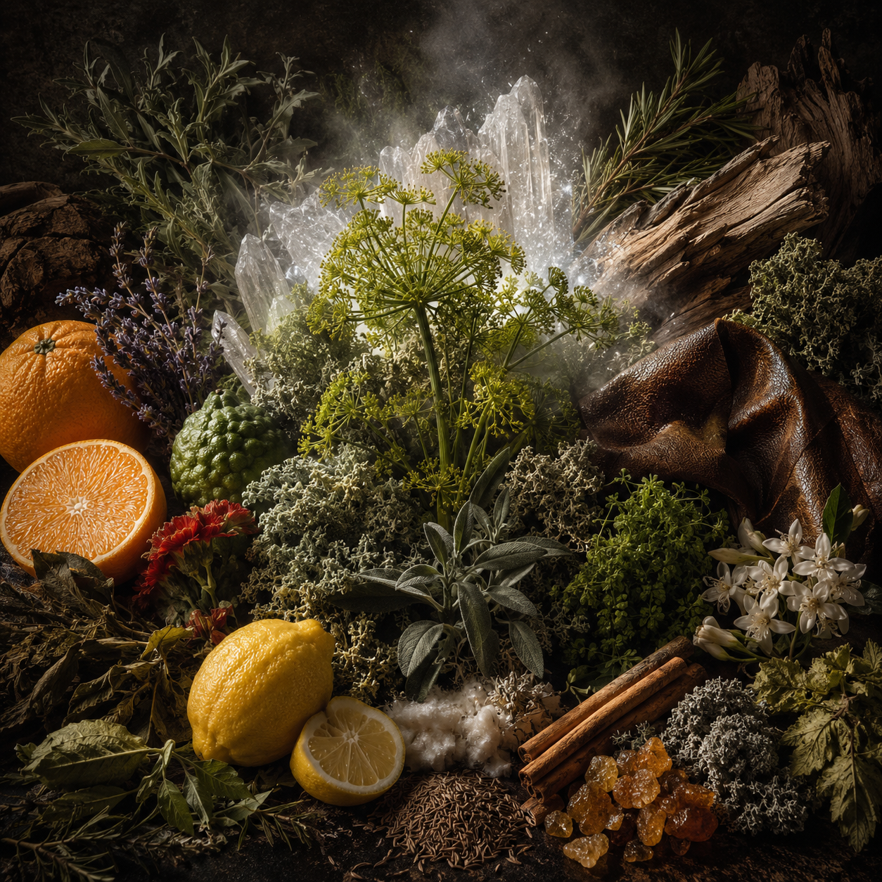 Notas olfativas de Devin de Aramis con galbano, aldehídos, artemisia, lavanda, pino, clavel, cuero, musgo de roble, pachulí, ládano y cedro