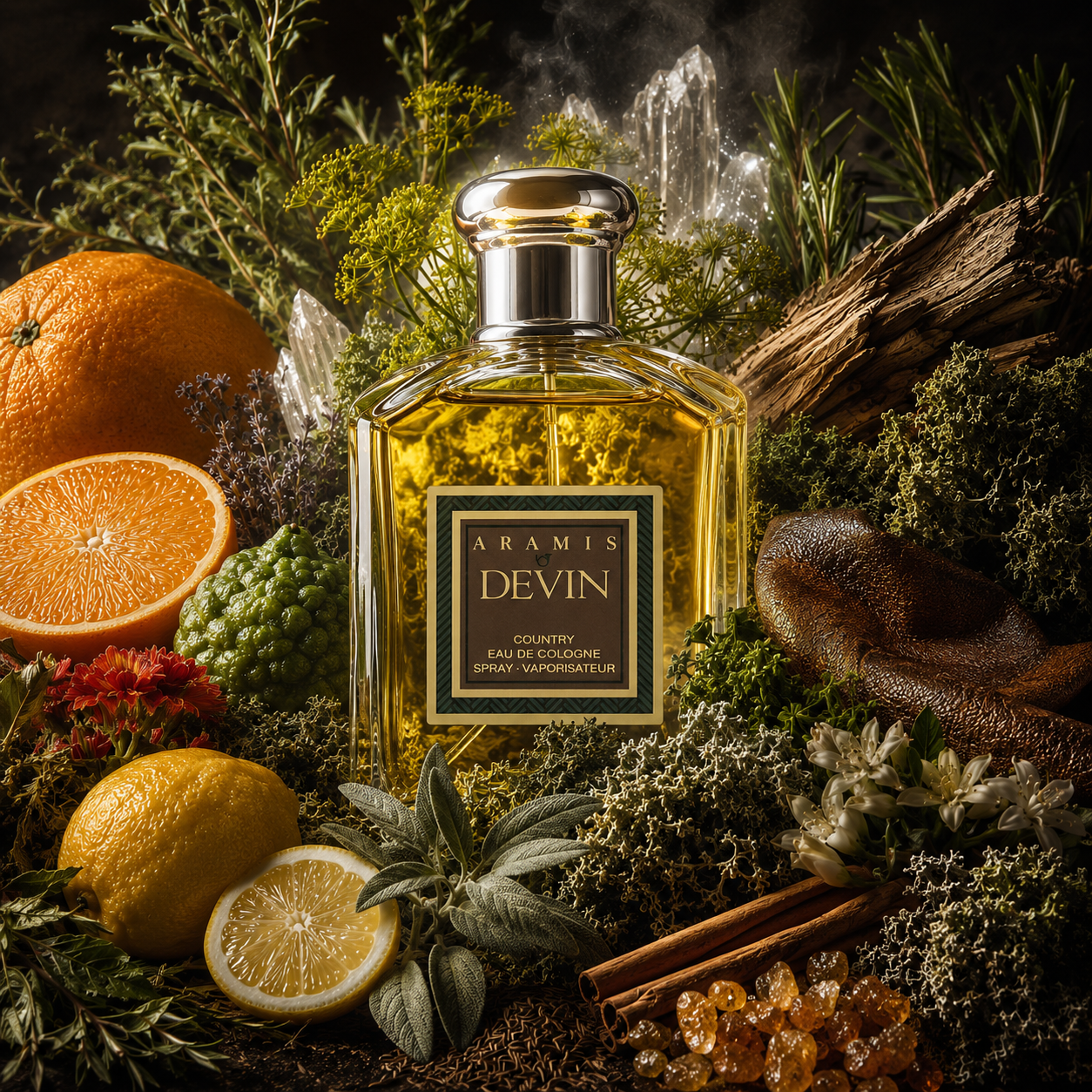 Devin de Aramis con aldehídos, galbano, lavanda, pino, clavel, cuero, musgo de roble, ládano y cedro en composición cinematográfica