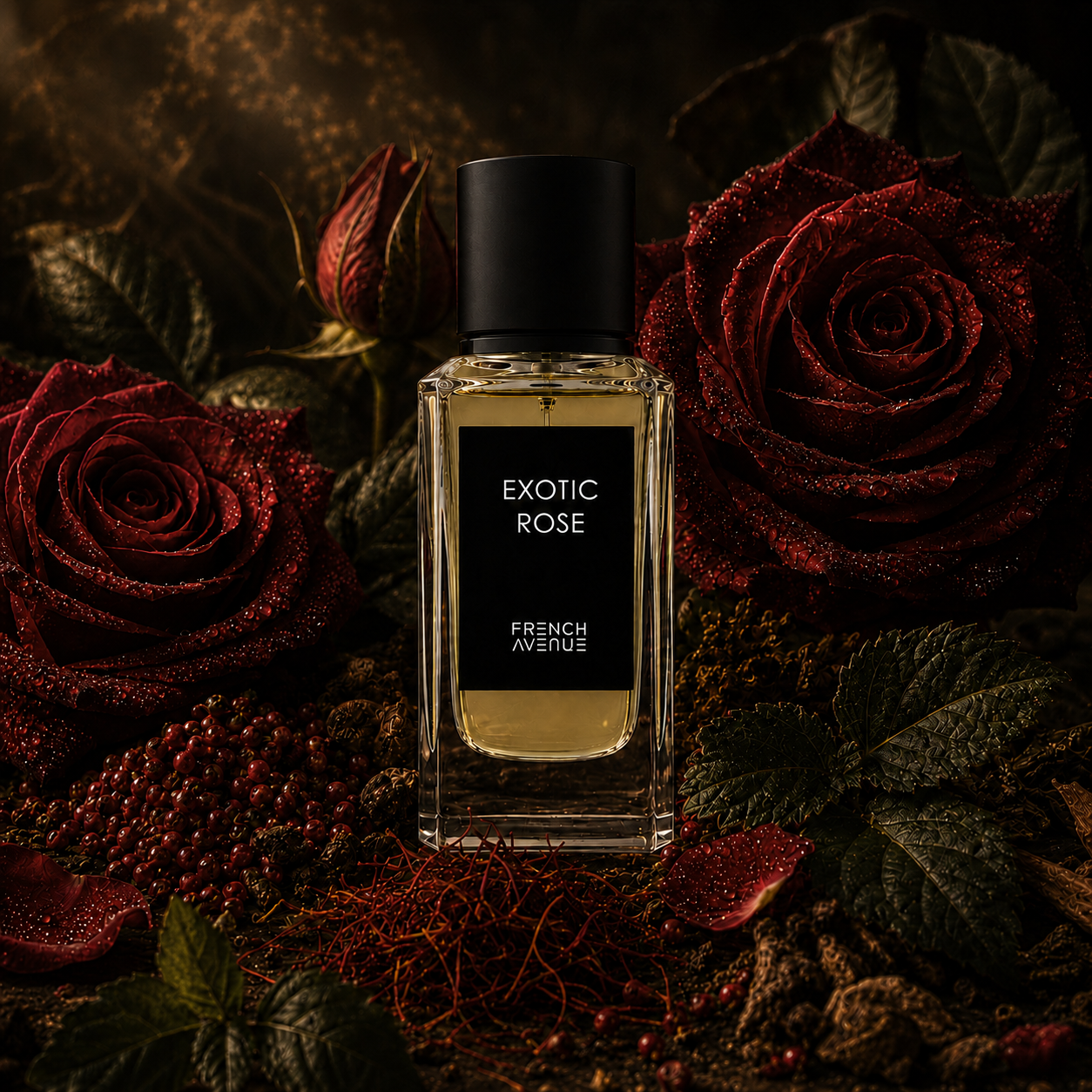 Exotic Rose de French Avenue con rosa roja, azafrán, pimienta y pachulí en composición cinematográfica