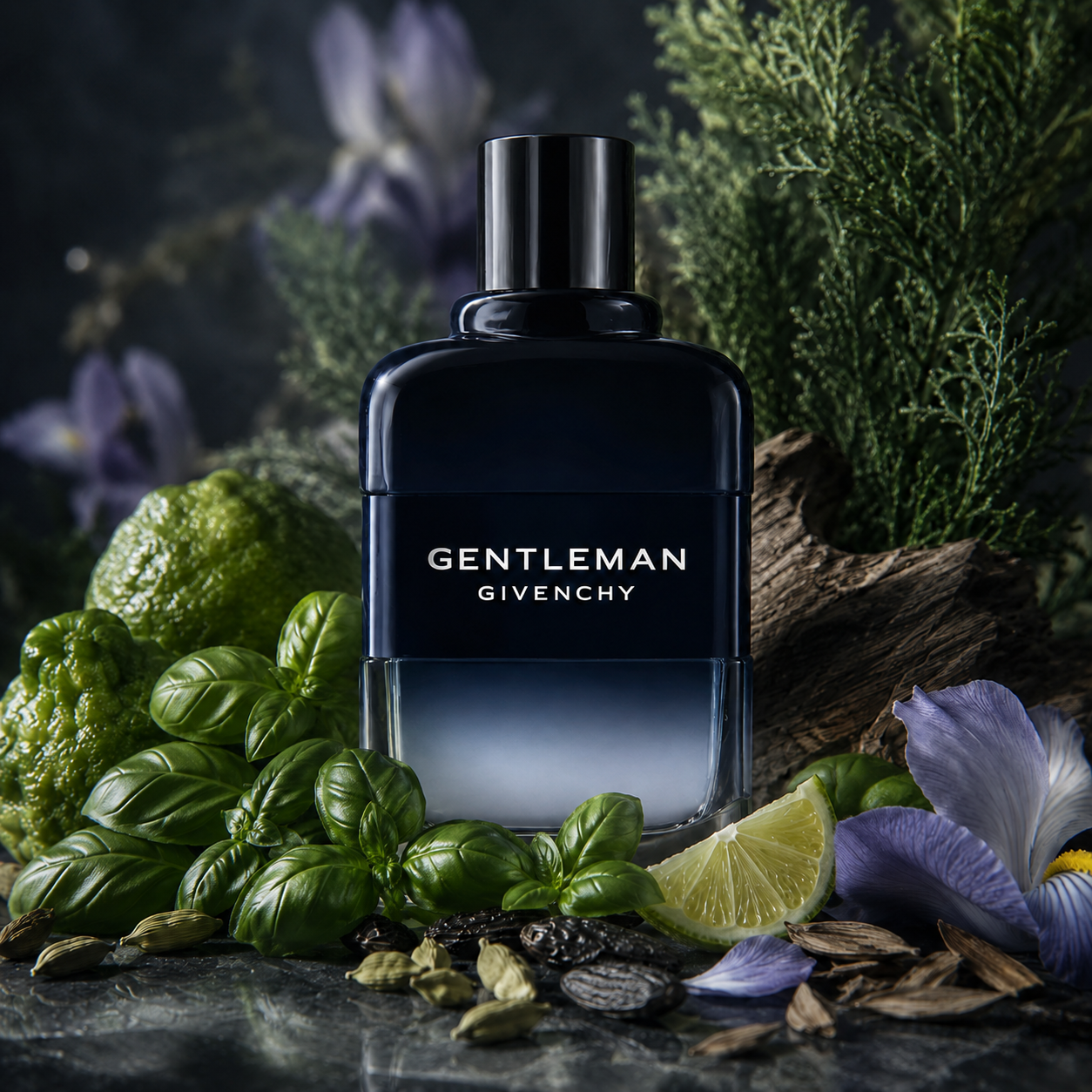 Botella de Gentleman Givenchy Eau de Toilette Intense en escena elegante y masculina con bergamota, albahaca, cardamomo, iris, ciprés, cedro y cumarina.