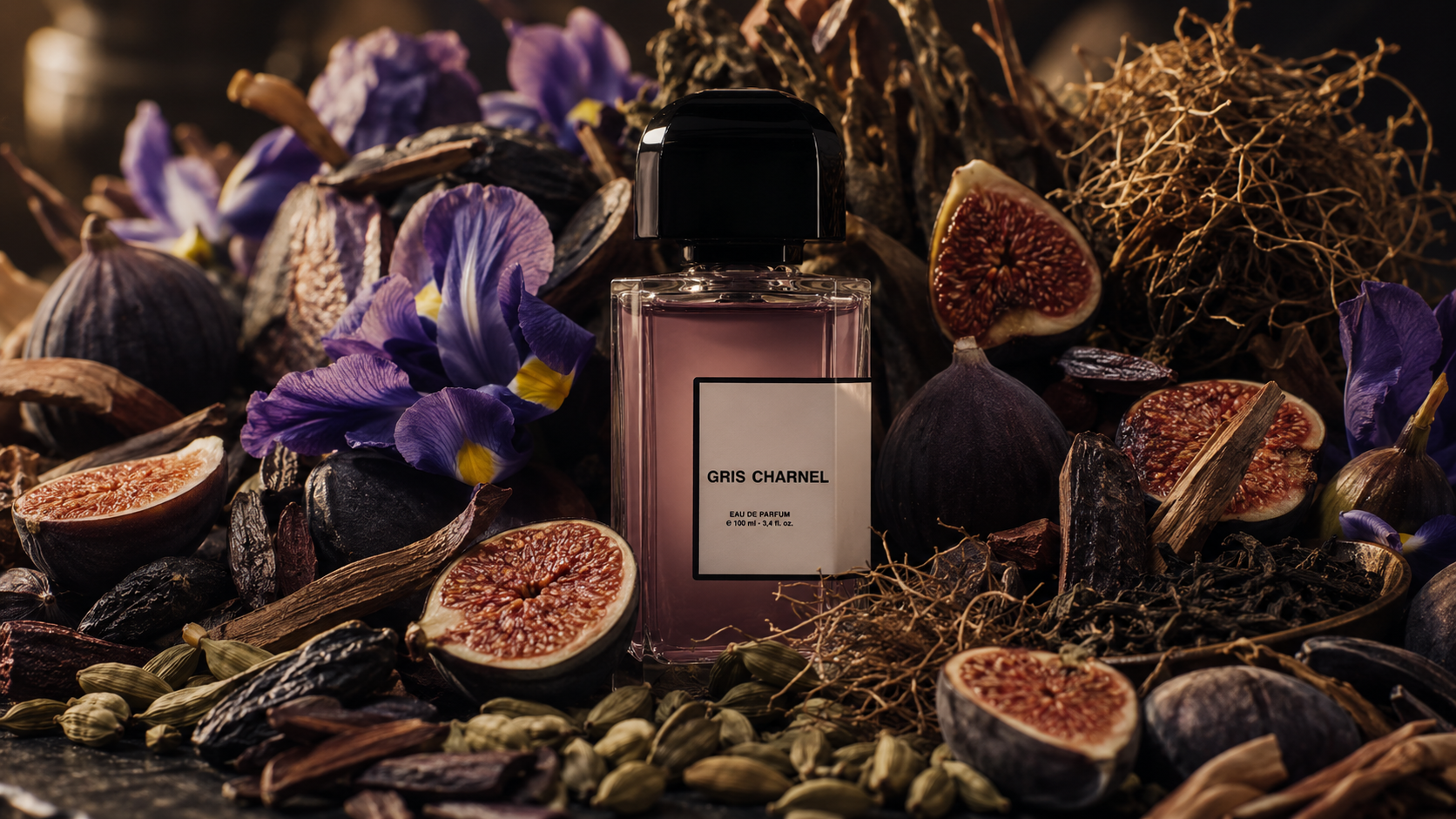 Imagen editorial de Gris Charnel de BDK Parfums con higo, té negro, cardamomo, iris, vetiver, sándalo y haba tonka en una composición olfativa premium para Rito Olfativo