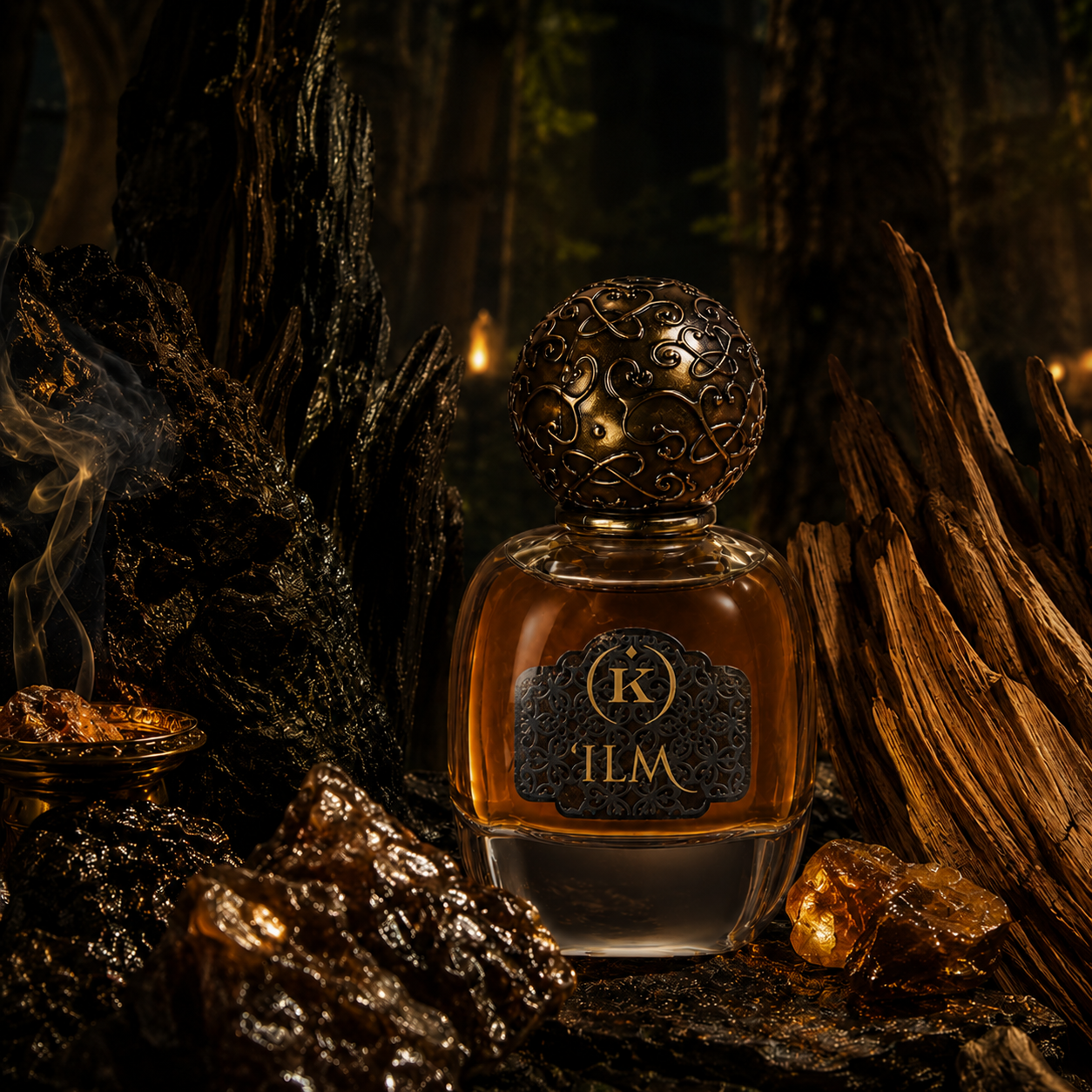 Universo olfativo de ‘Ilm de Kemi Blending Magic con Oud Assam Oud de Bangladesh y Oud de Laos en una escena oscura ceremonial y resinosa