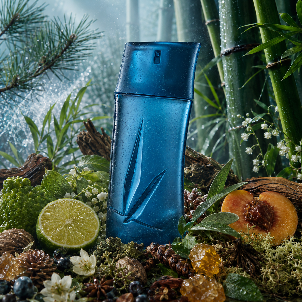 Universo olfativo de Kenzo pour Homme con notas marinas bambú hojas verdes madera y musgo