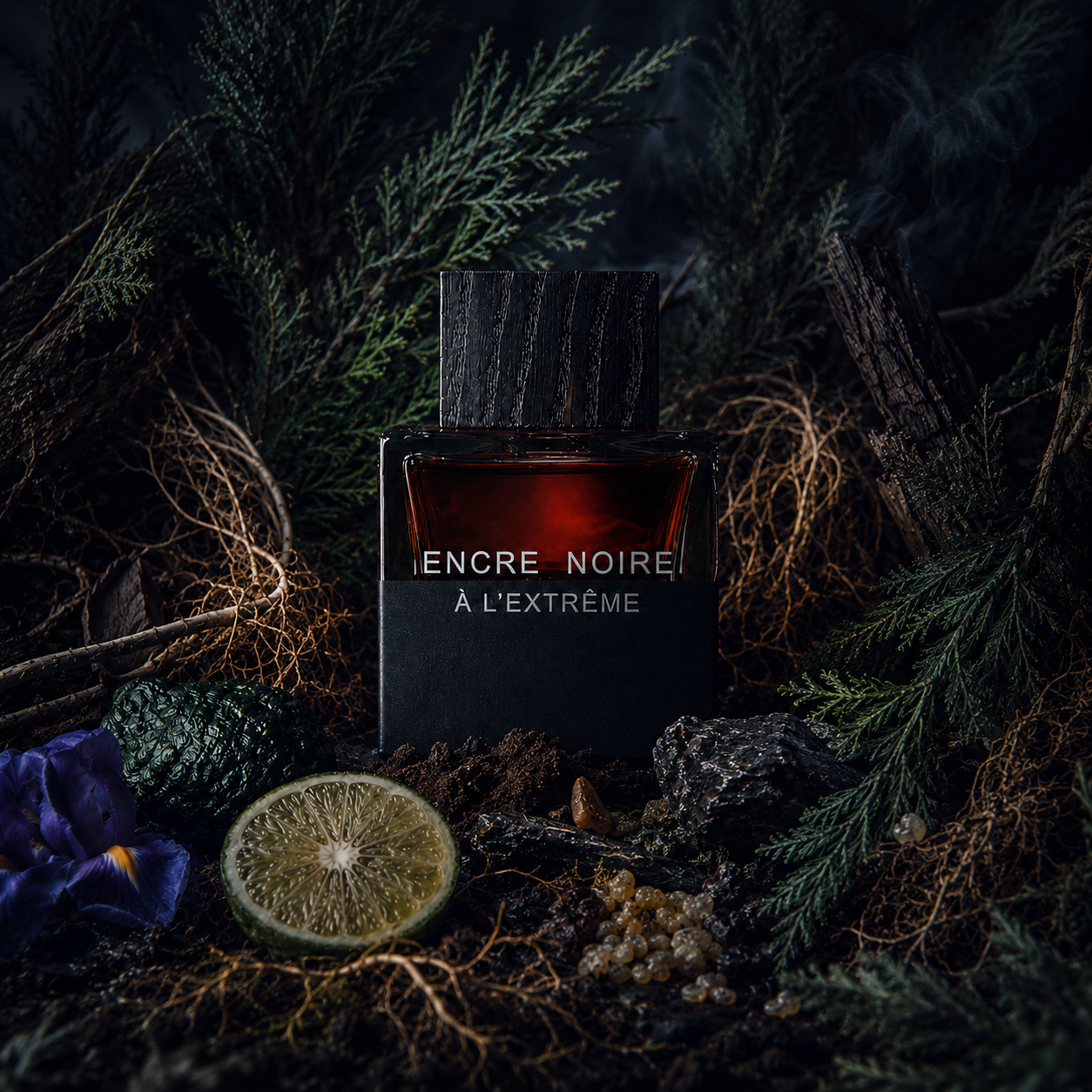 Universo olfativo de Encre Noire À L’Extrême de Lalique con vetiver, ciprés, incienso y maderas oscuras