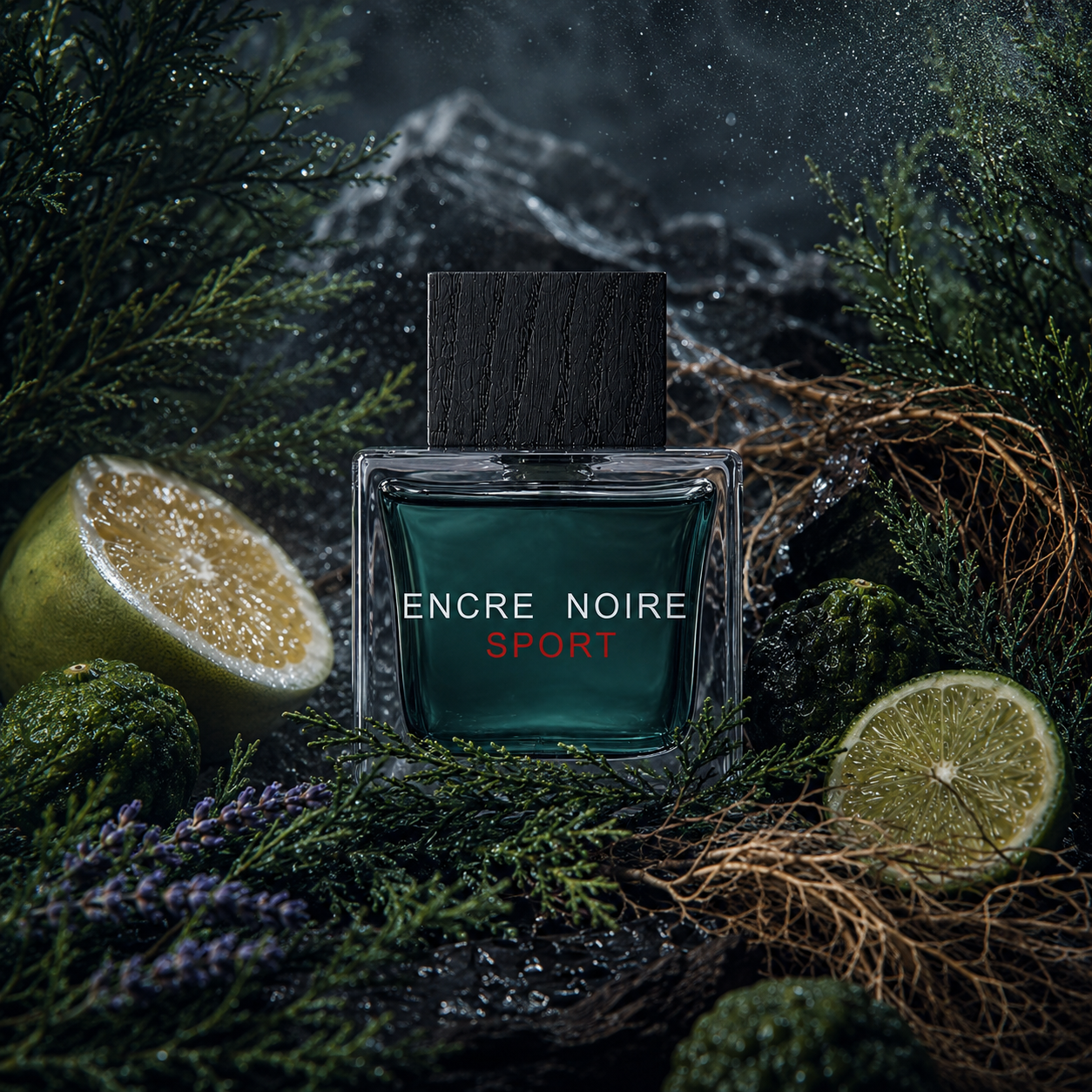 Universo olfativo de Encre Noire Sport de Lalique con vetiver, ciprés, pomelo, lavanda y notas acuáticas