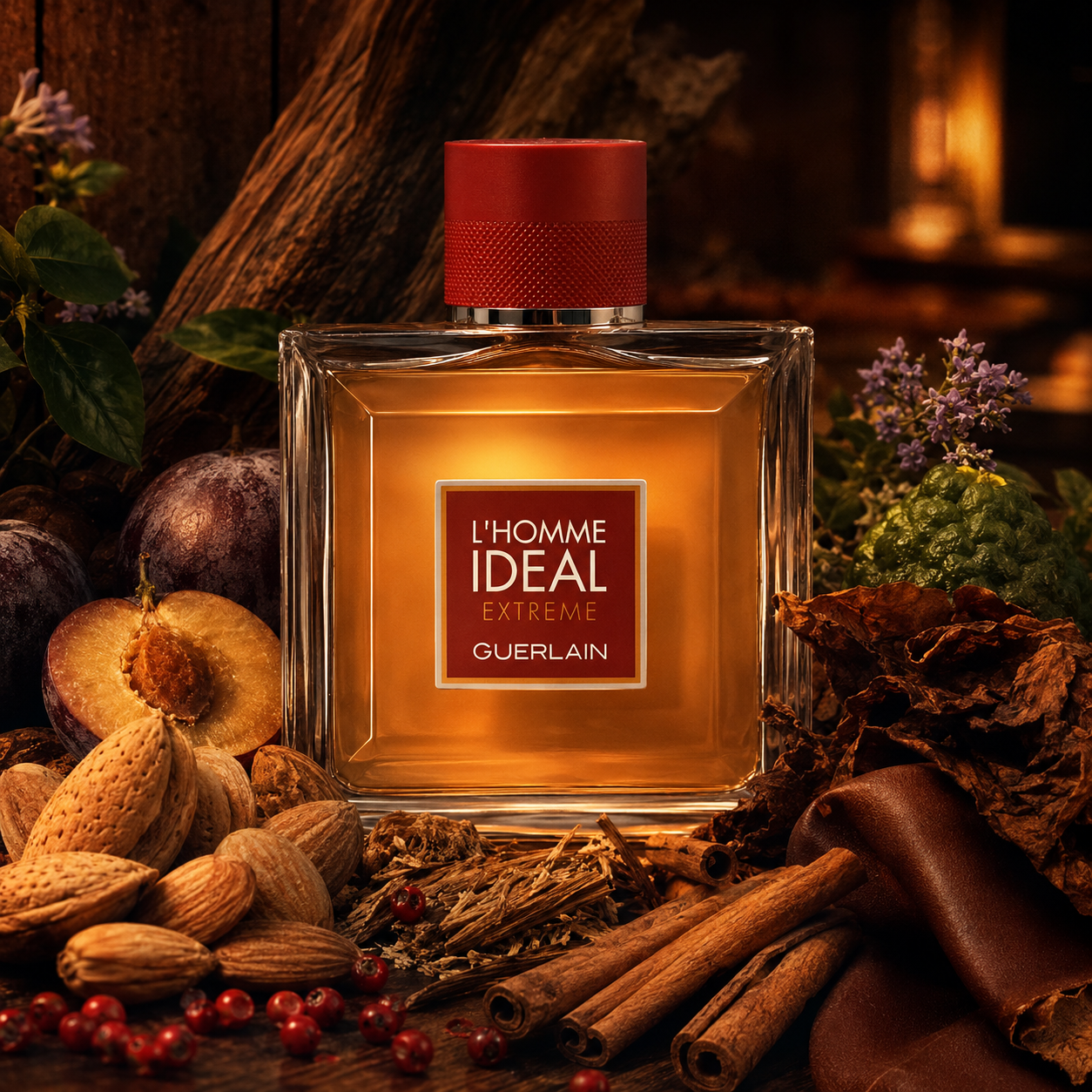 Universo olfativo de L’Homme Idéal Extrême de Guerlain con almendra, ciruela, canela, tabaco, cuero, pachulí y cedro.