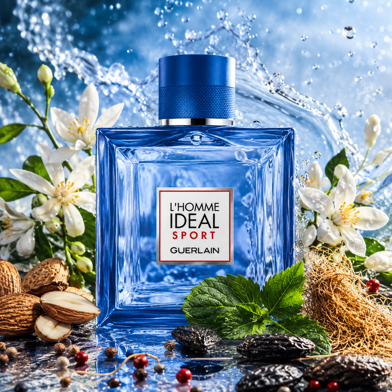 Universo olfativo de L’Homme Idéal Sport de Guerlain con almendra, especias, acorde acuático, neroli, pachulí, vetiver y cumarina.
