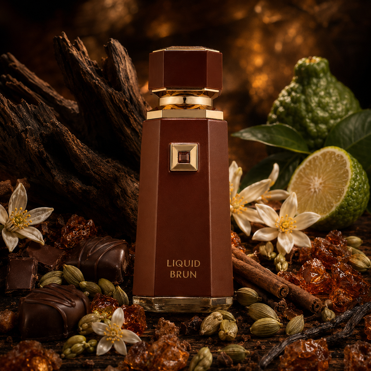 Liquid Brun de French Avenue rodeado de canela, cardamomo, bergamota, flor de azahar, vainilla y maderas en una escena cálida y elegante.