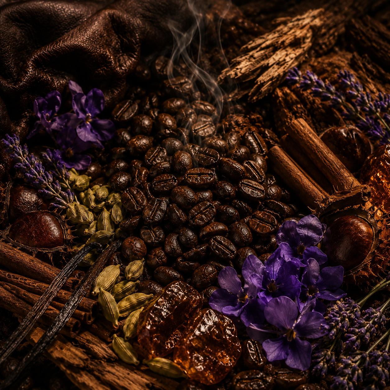 Notas olfativas de Living Dark Coffee: café tostado, cardamomo, violetas, canela, cuero, lavanda, vainilla, castaña, ámbar y cedro.