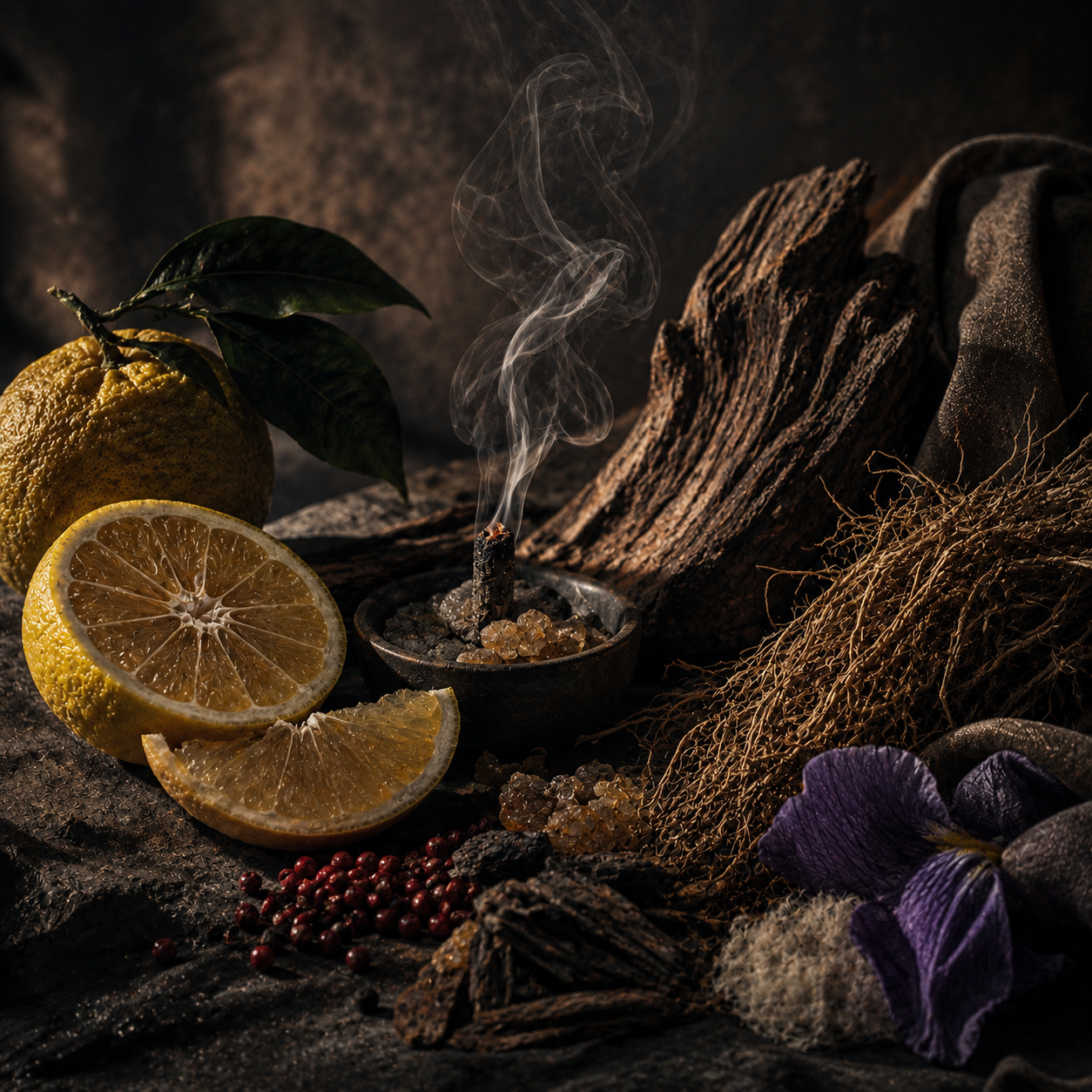 Universo olfativo de Loewe 7 Natural con yuzu naranja amarga incienso vetiver cedro y almizcle