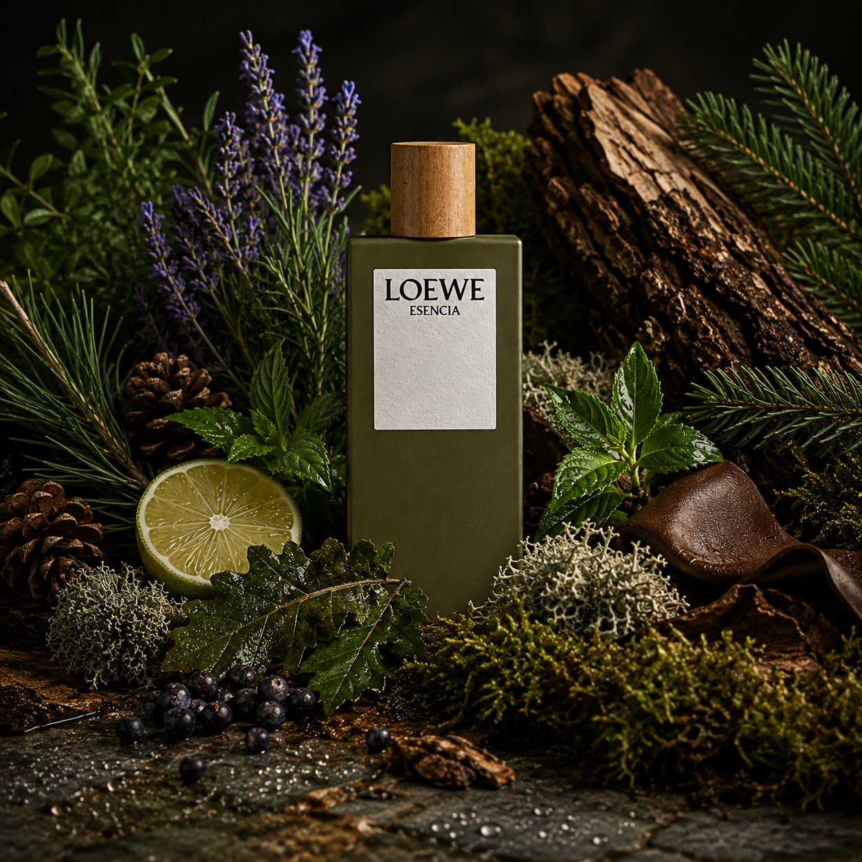 Universo olfativo de Loewe Esencia EDT con bosque verde lavanda musgo de roble cuero vetiver cedro y madera seca