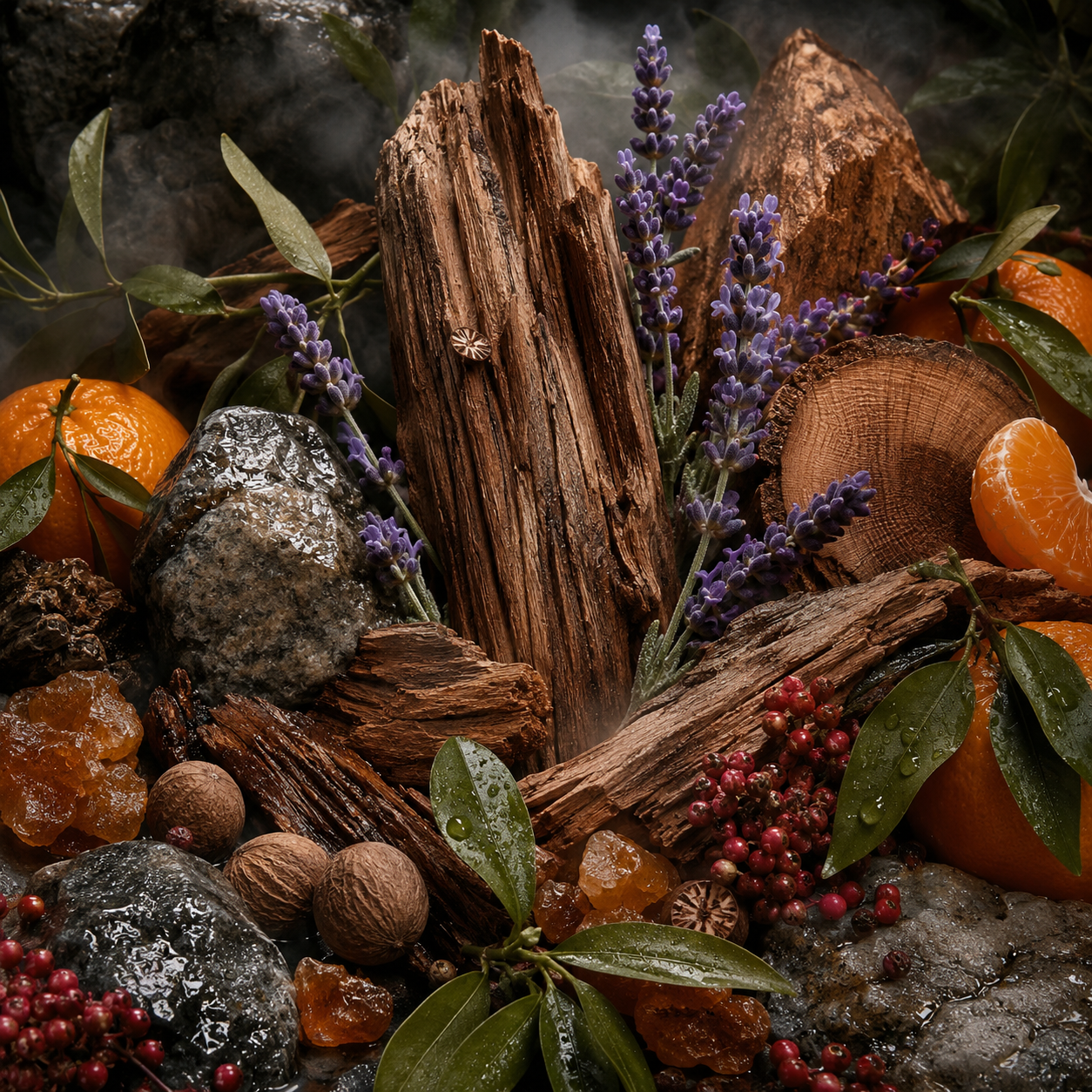 Notas olfativas de Loewe Solo Cedro con cedro, petitgrain, mandarina, pimienta rosa, lavanda, nuez moscada y benjuí