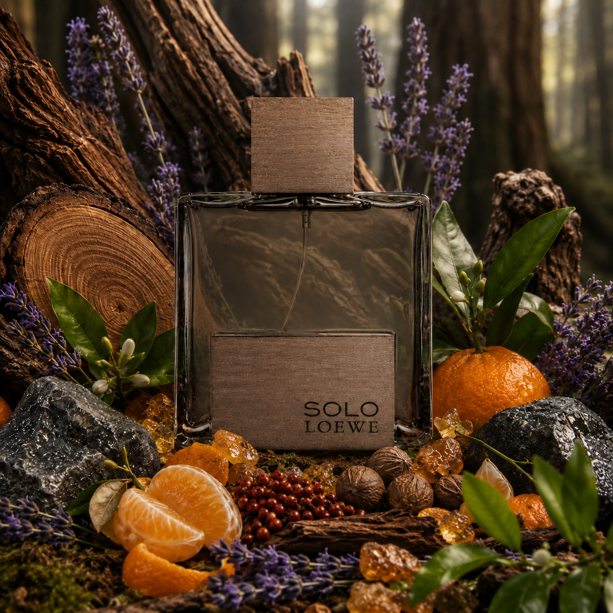 Loewe Solo Cedro con cedro, petitgrain, lavanda, nuez moscada, mandarina, pimienta rosa y benjuí en composición cinematográfica