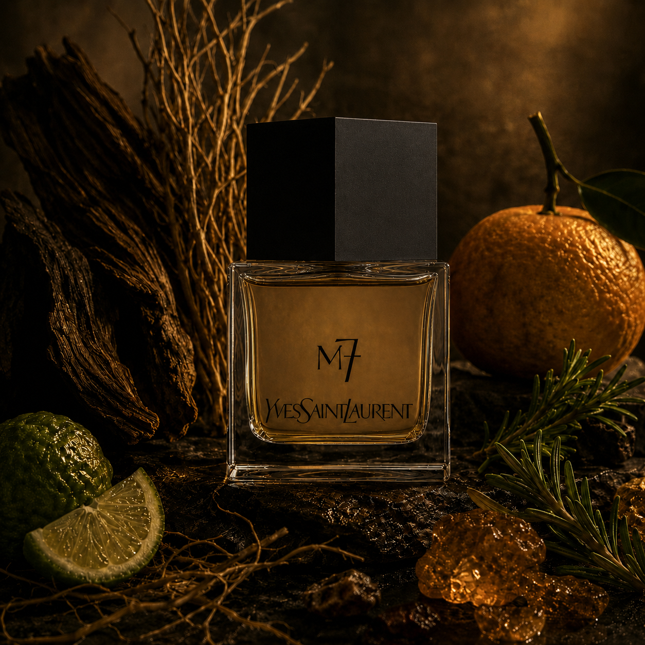 Botella de M7 de Yves Saint Laurent al centro, integrada en una escena oscura y masculina estilo Rito Olfativo, rodeada de oud, vetiver, mandarina, bergamota, romero, ámbar y almizcle, con iluminación cinematográfica y tonos negros, marrón oscuro y ámbar