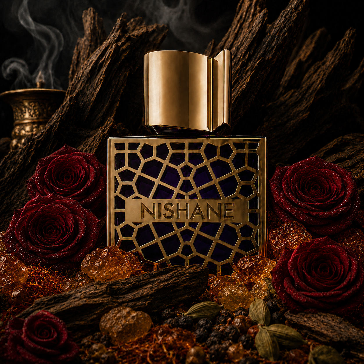 Universo olfativo de Mana de Nishane con oud cuero rosa turca azafrán incienso y resinas