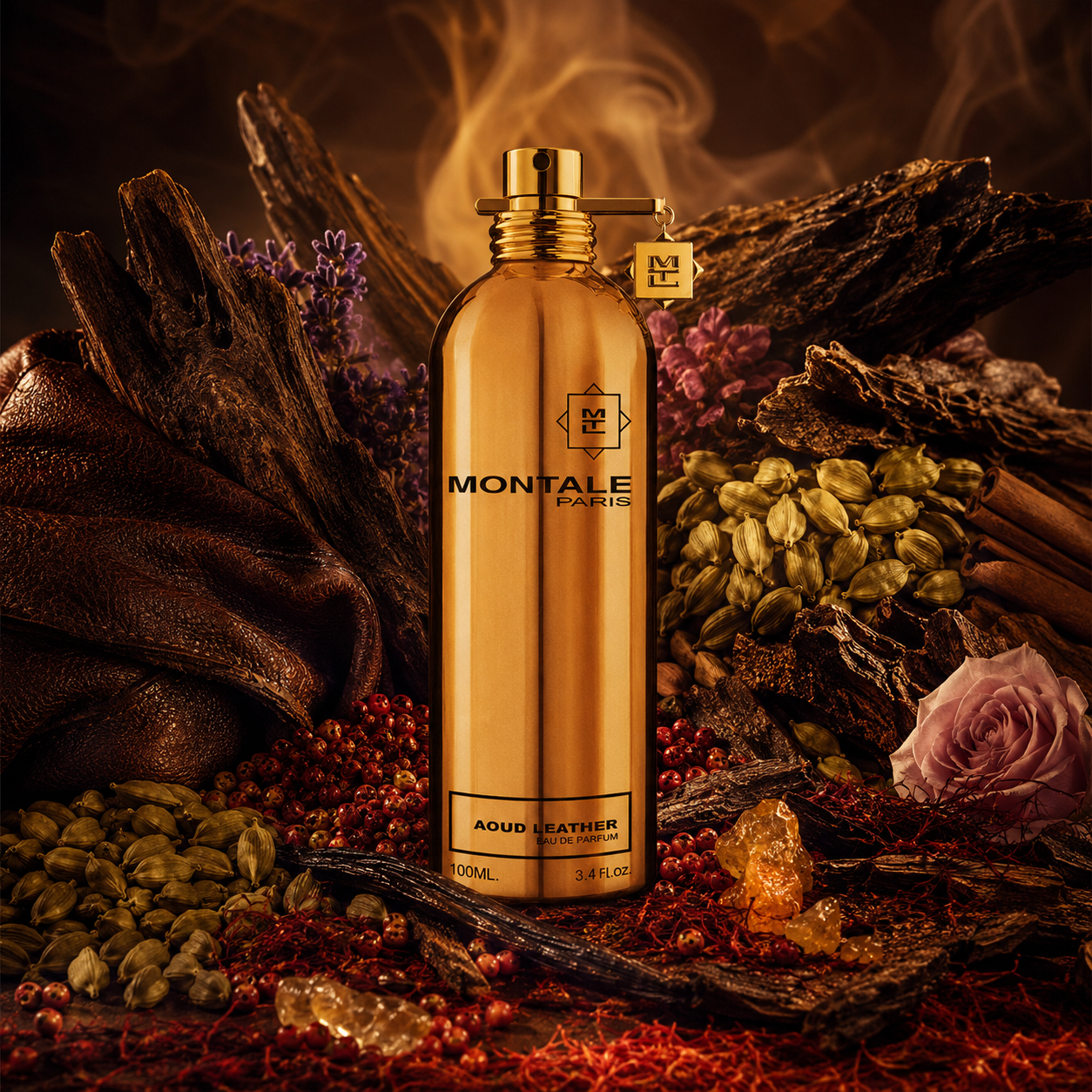 Universo del perfume Montale Aoud Leather con botella al centro, cuero oscuro, oud, bergamota, pimienta, cardamomo, azafrán y ámbar gris en una escena elegante y especiada.