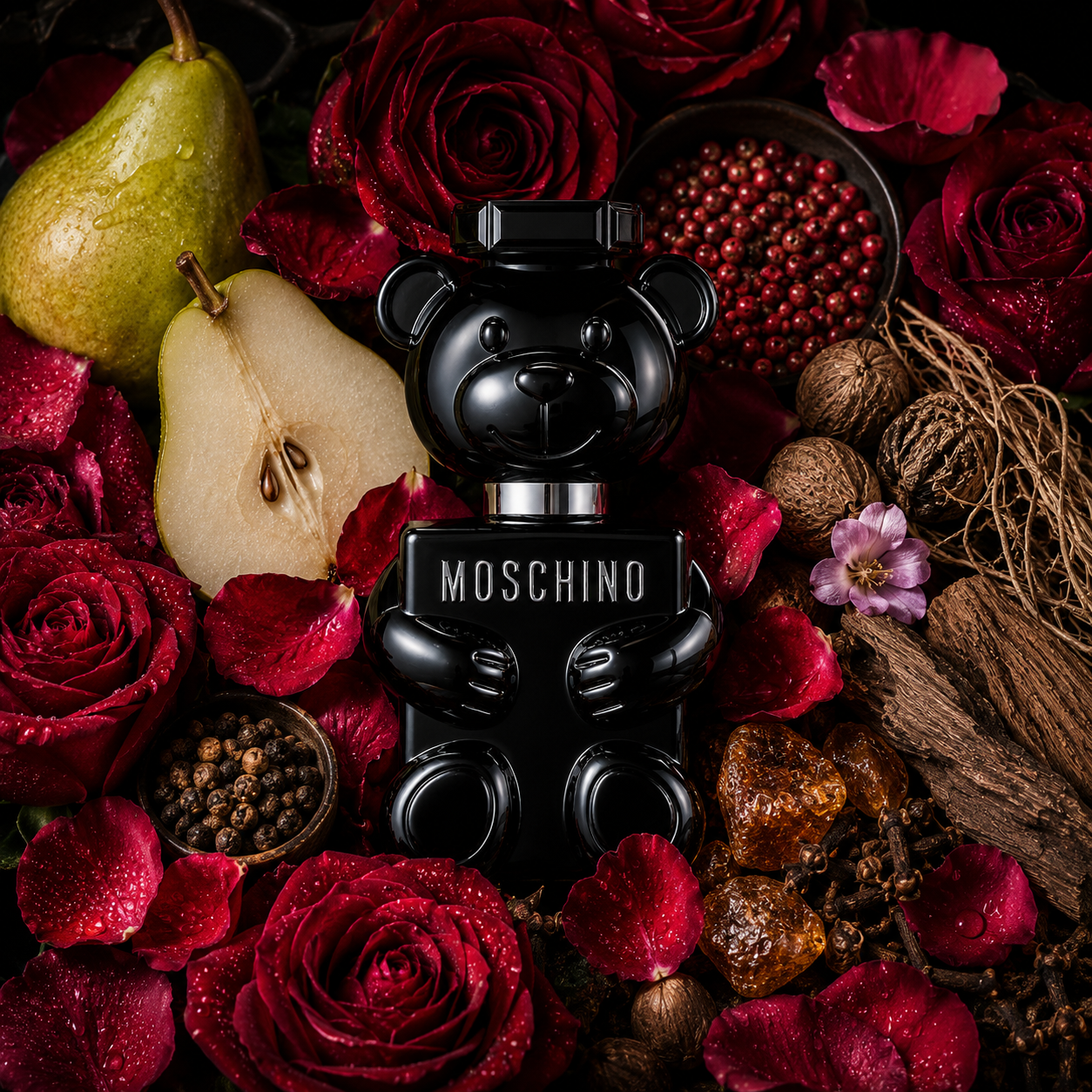 Universo del perfume Moschino Toy Boy con botella negra al centro, rodeada de rosa, pimienta rosa, pera, nuez moscada, clavo, vetiver y notas ambaradas.
