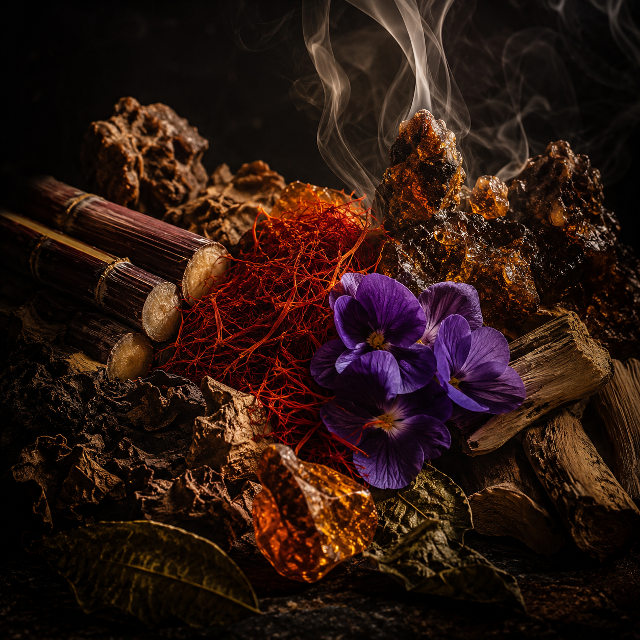 Notas olfativas de Mystic Leather de French Avenue con azafrán, incienso, caña de azúcar, ámbar, violeta, sándalo y pachulí
