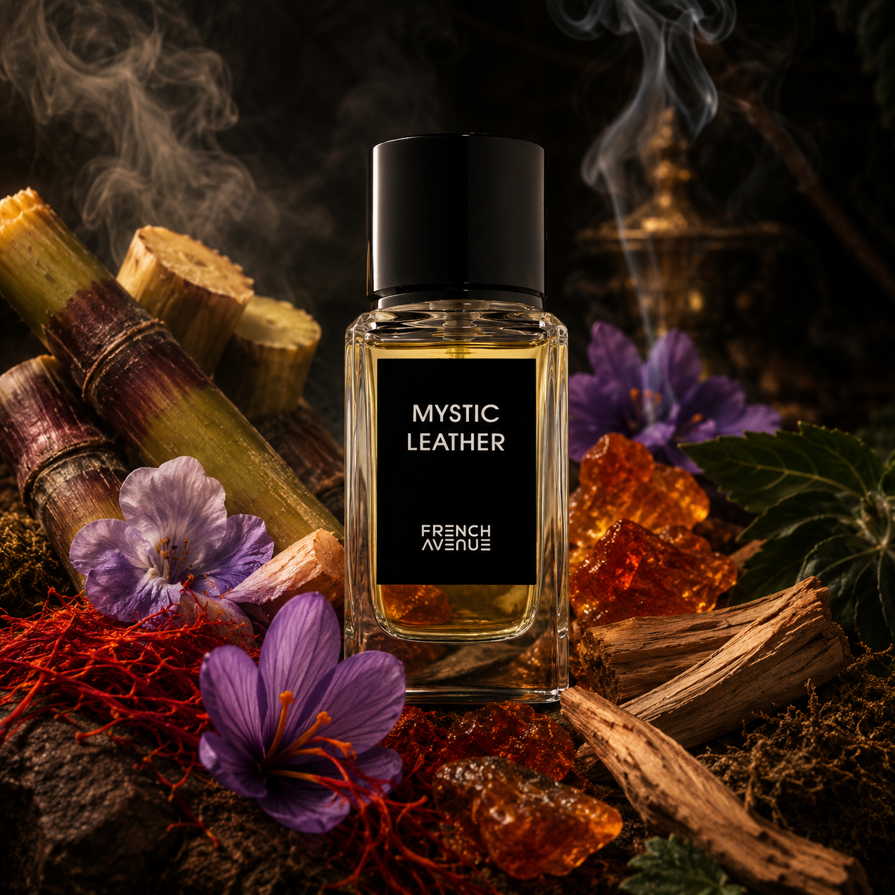 Mystic Leather de French Avenue con azafrán, incienso, caña de azúcar, ámbar, violeta, sándalo y pachulí en composición cinematográfica