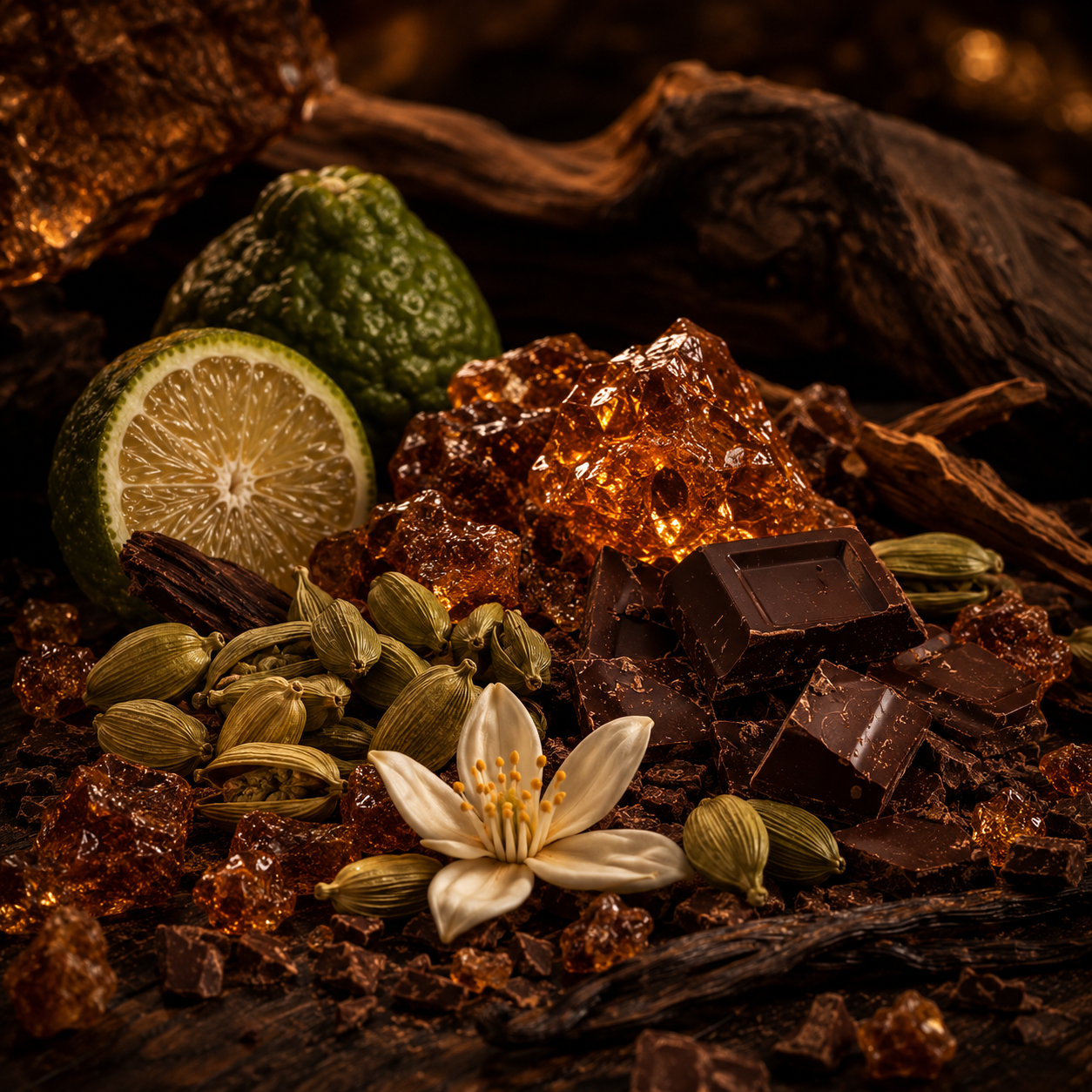 Composición olfativa inspirada en Liquid Brun de French Avenue con canela, cardamomo, bergamota, flor de azahar, vainilla, praliné y maderas cálidas.