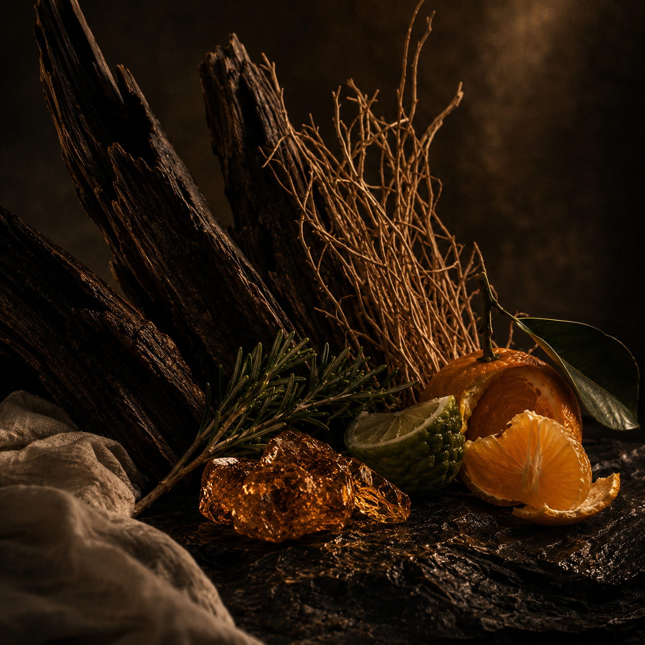 Composición editorial de las notas olfativas de M7 de Yves Saint Laurent en estilo Rito Olfativo, con oud oscuro, vetiver seco, bergamota, mandarina, romero, ámbar y almizcle en una escena sobria, masculina y cinematográfica.