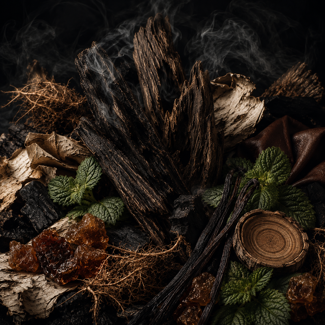 Notas olfativas de Opus XIII Silver Oud de Amouage con oud, pachulí, cipriol, vainilla, abedul, gaiac y castóreo
