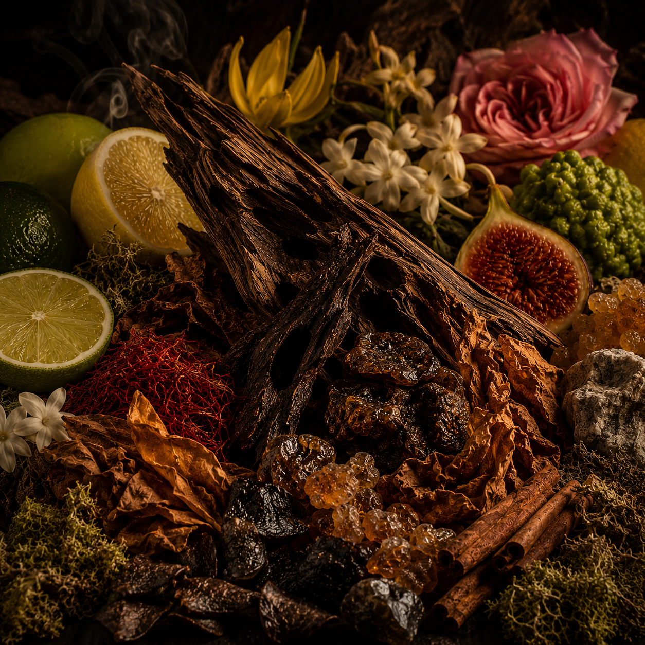 Notas olfativas de Oud Suyufi de Casaniche con oud, cítricos, higo, flores blancas, azafrán, tabaco, benjuí y musgo de roble.
