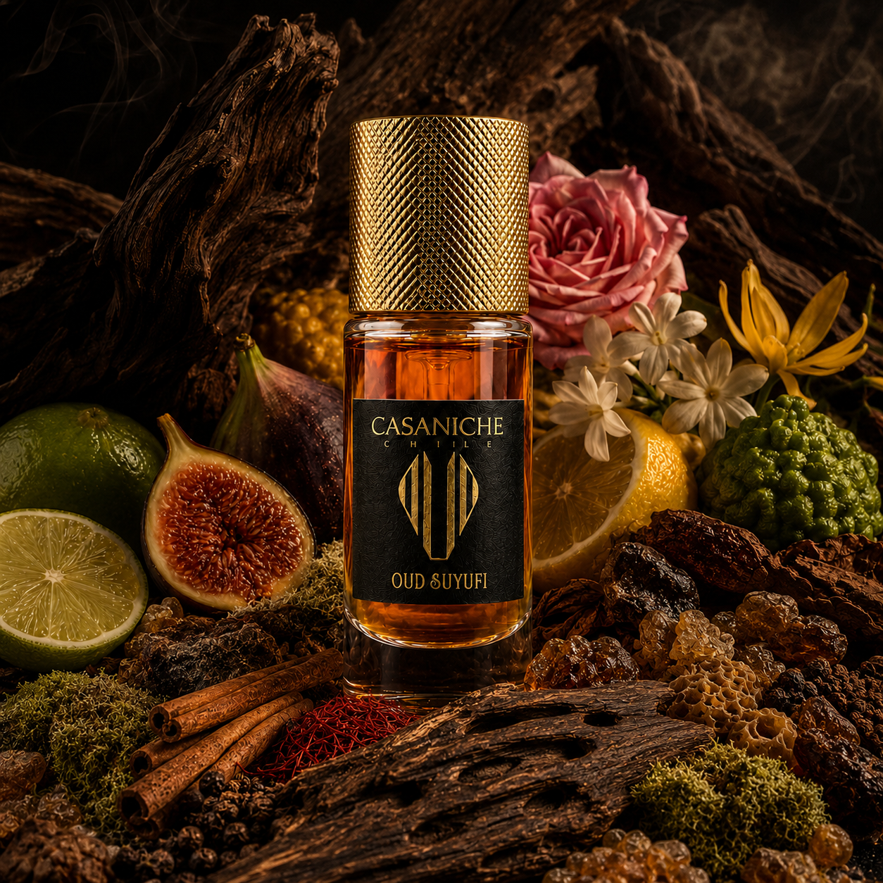 Oud Suyufi de Casaniche con oud, lima, bergamota, higo, rosa de mai, jazmín, azafrán, tabaco, benjuí y musgo de roble.