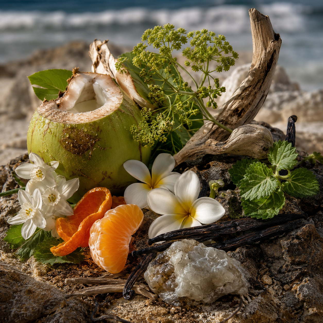 Notas olfativas de Paula’s Ibiza EDT de Loewe con coco fresco, mandarina, vegetación verde, madera flotante, flores blancas, vainilla y resina sobre una escena costera luminosa y natural.