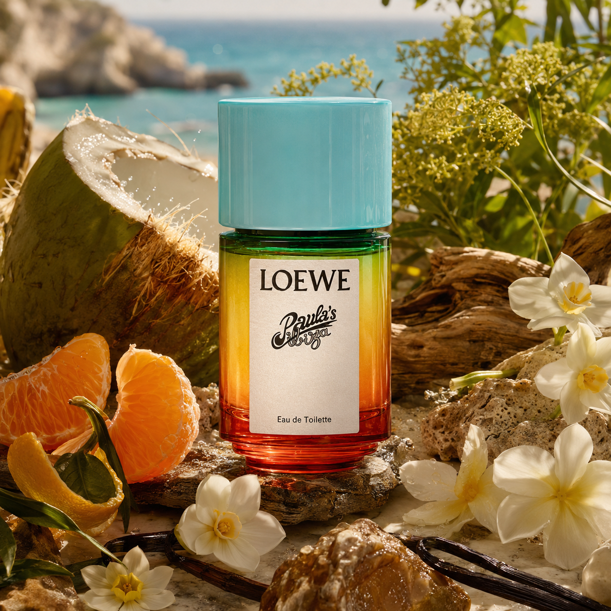 Universo del perfume Paula’s Ibiza EDT de Loewe con la botella al centro, rodeada de coco fresco, mandarina, vegetación verde, madera flotante, flores solares y una atmósfera marina cálida y luminosa.
